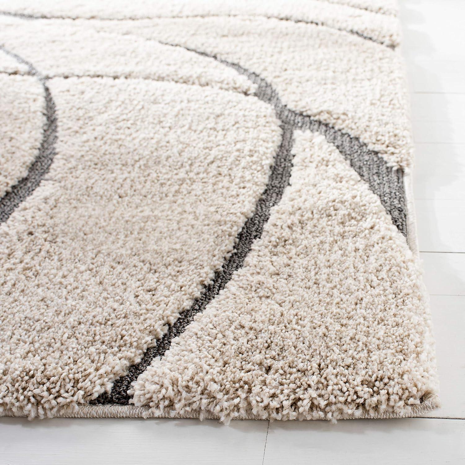 Cream & Grey Synthetic Rectangular Easy-Care Shag Rug