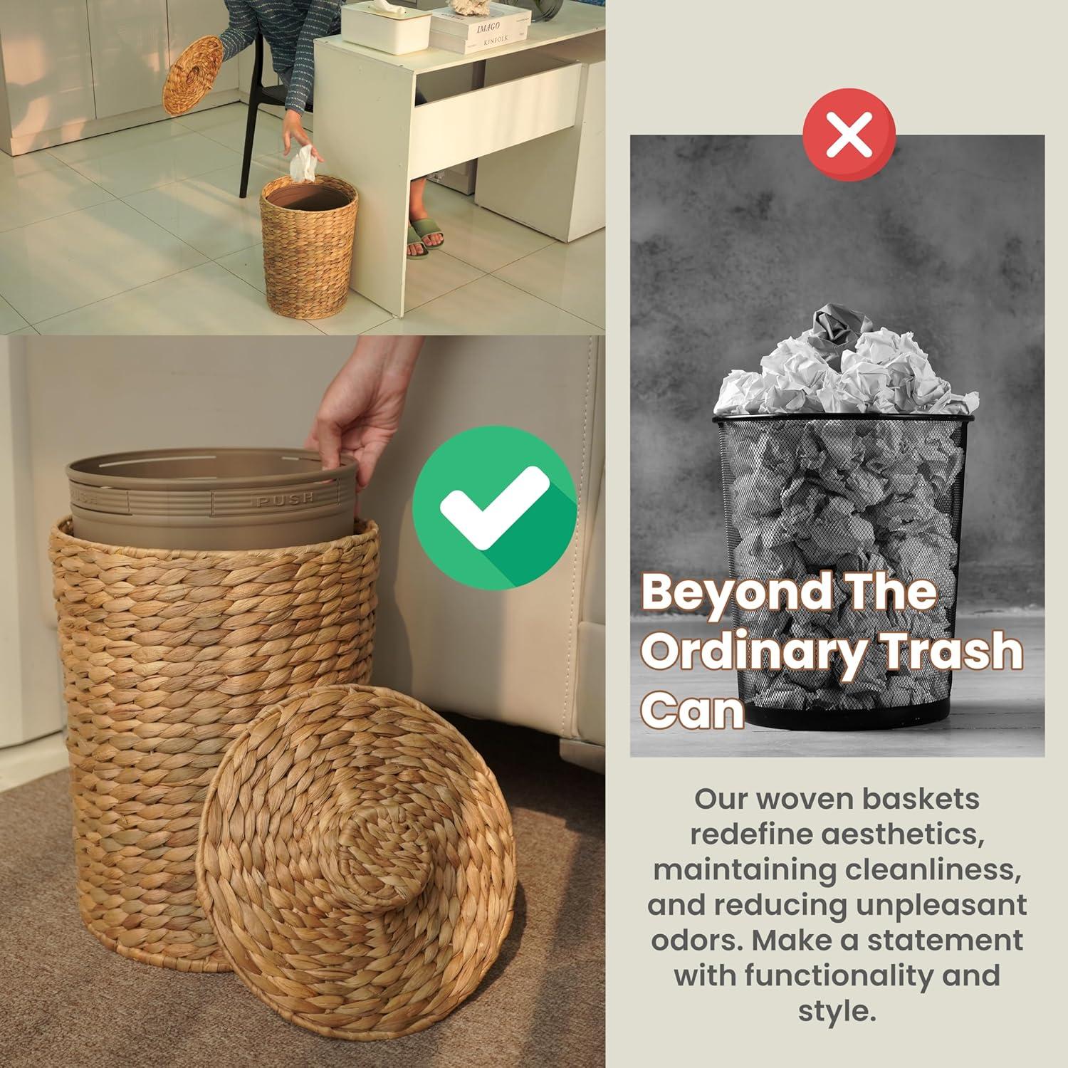 Large Natural Wicker Waste Basket with Lid for Office