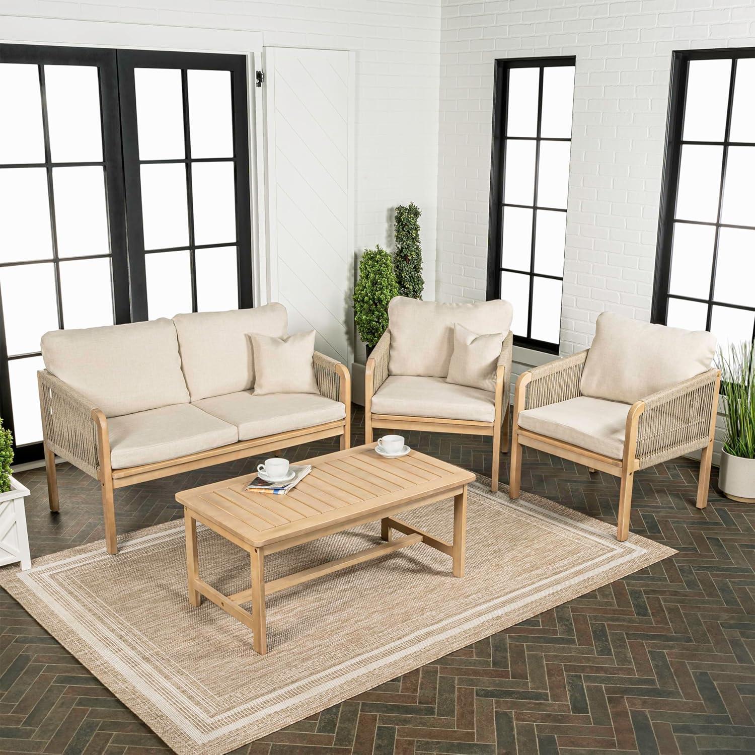 Tavira 4-Piece Light Teak Acacia Wood Patio Set with Beige Cushions