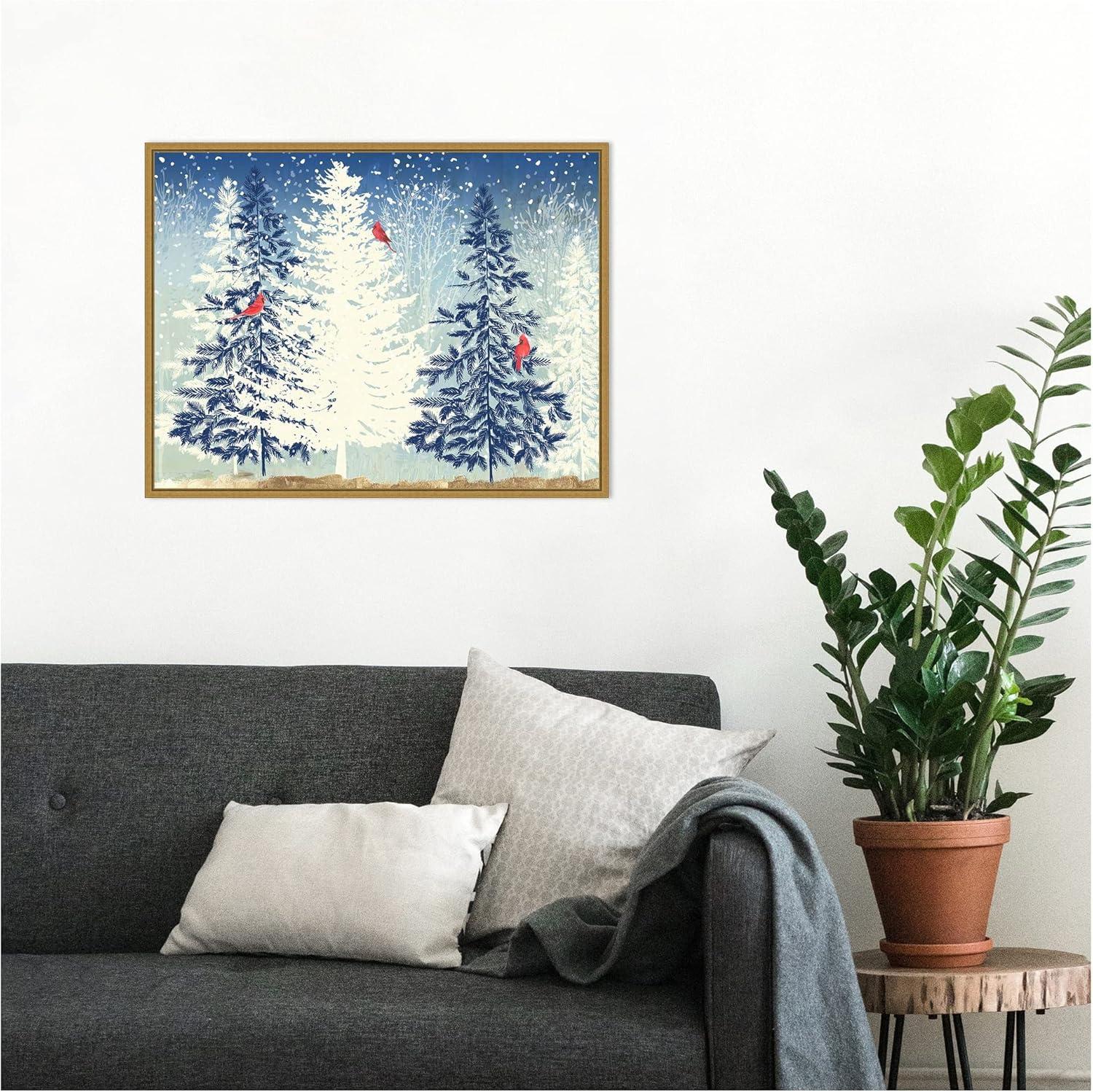 Snowy Christmas Trees Canvas Print with Gold Frame