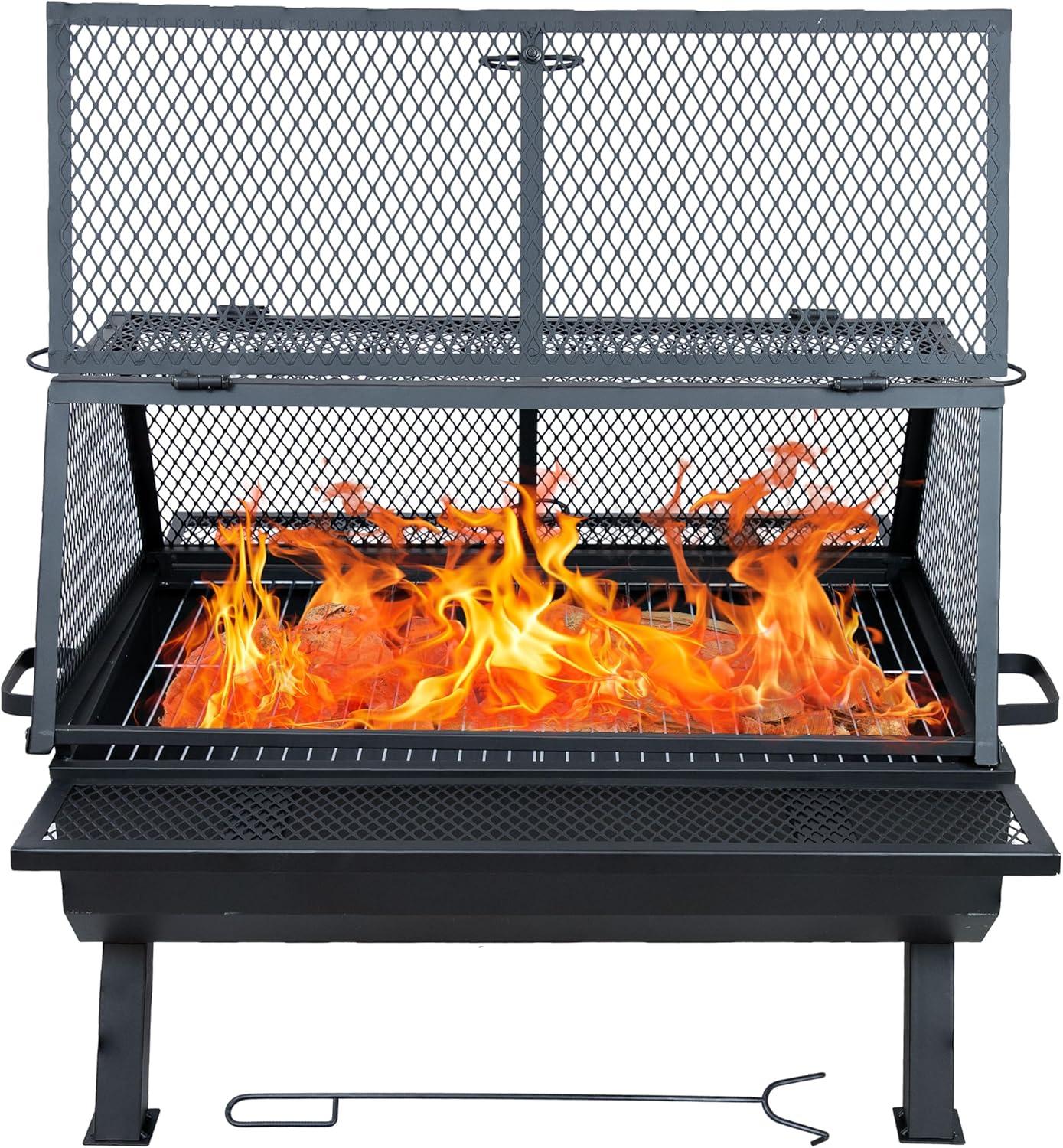 36.5" x 32.5" Rectangle Wood-Burning Steel Outdoor Fire Pit with Grill and Spark Screen