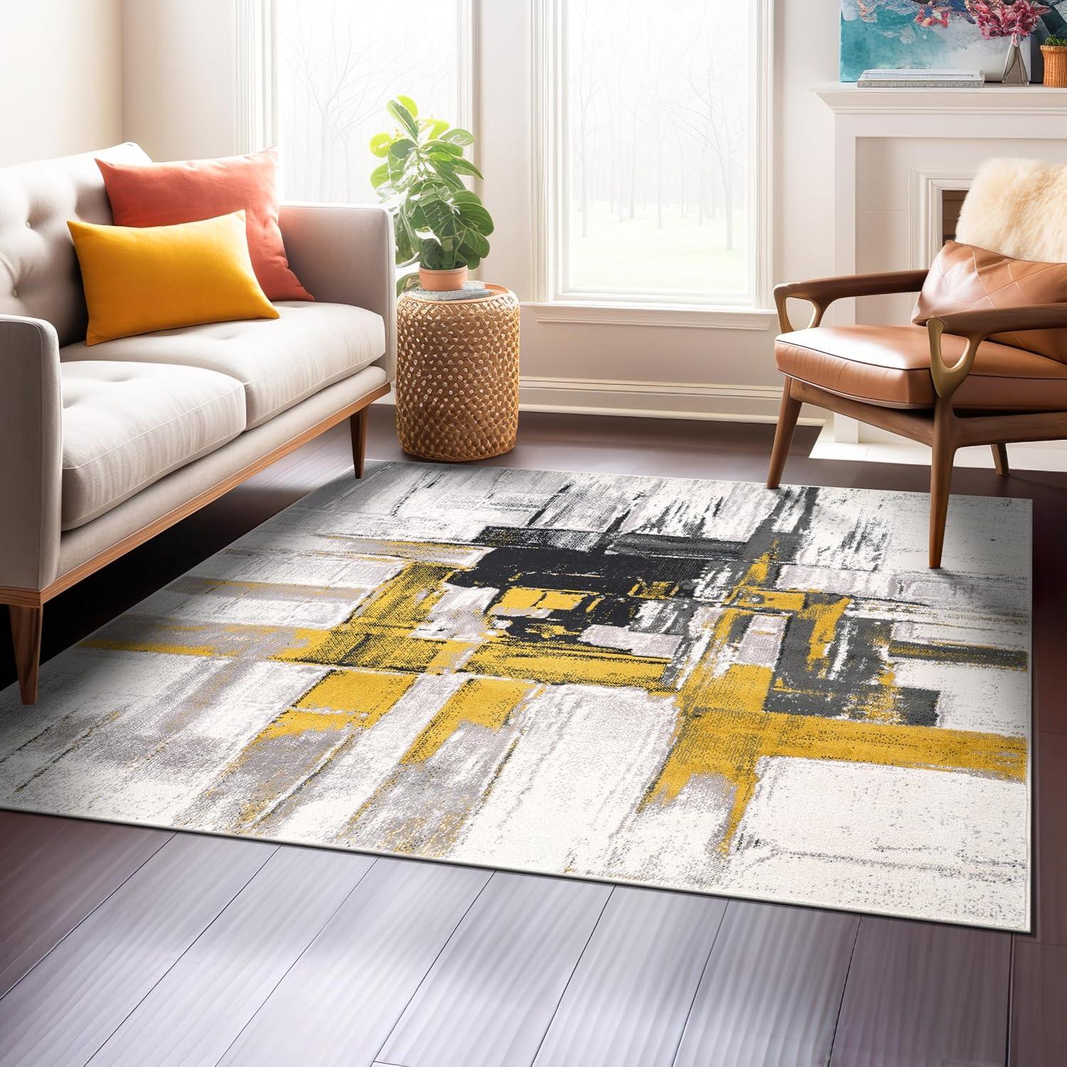 Gold and Gray Abstract Square Area Rug 6'6" x 6'6"