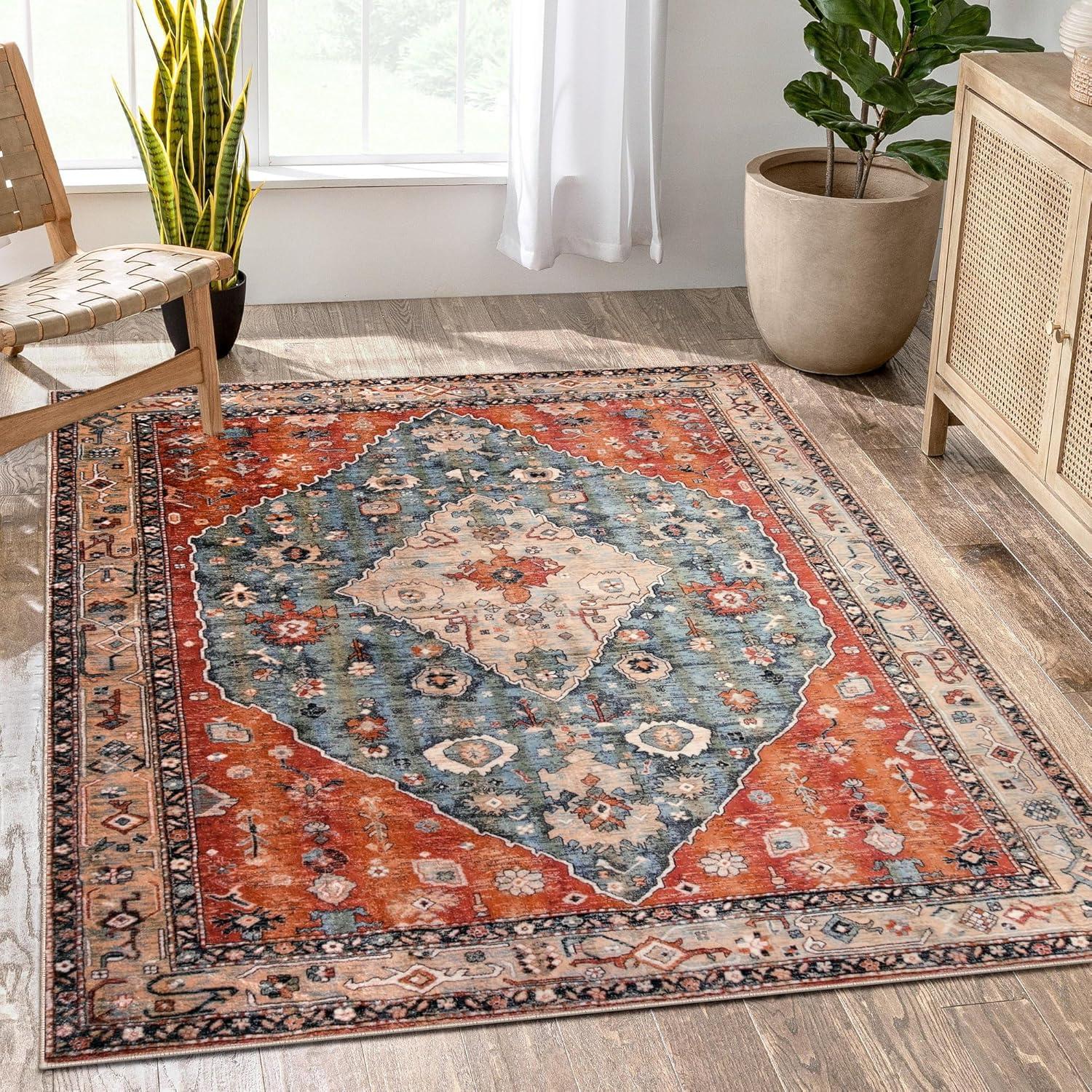 Aqua and Rust Geometric Tribal 5' x 7' Washable Rug