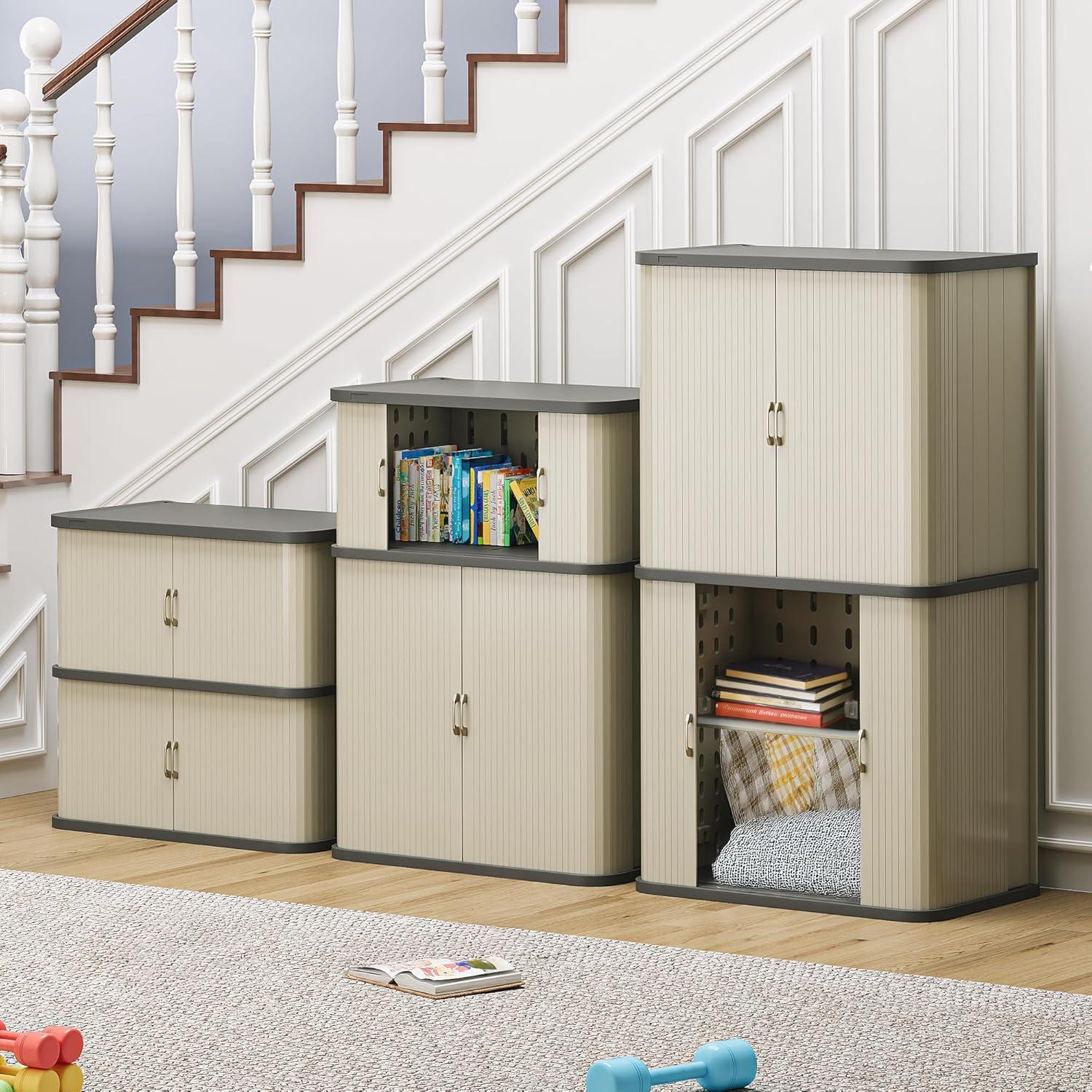 Dextrus 37 Gallon Medium Resin Cabinet, Outdoor Stackable Storage Cabinet with Double Sliding Doors for Indoor Outdoor Garage Lawn Care, Waterproof and Stylish Storage Solution - Light Gray