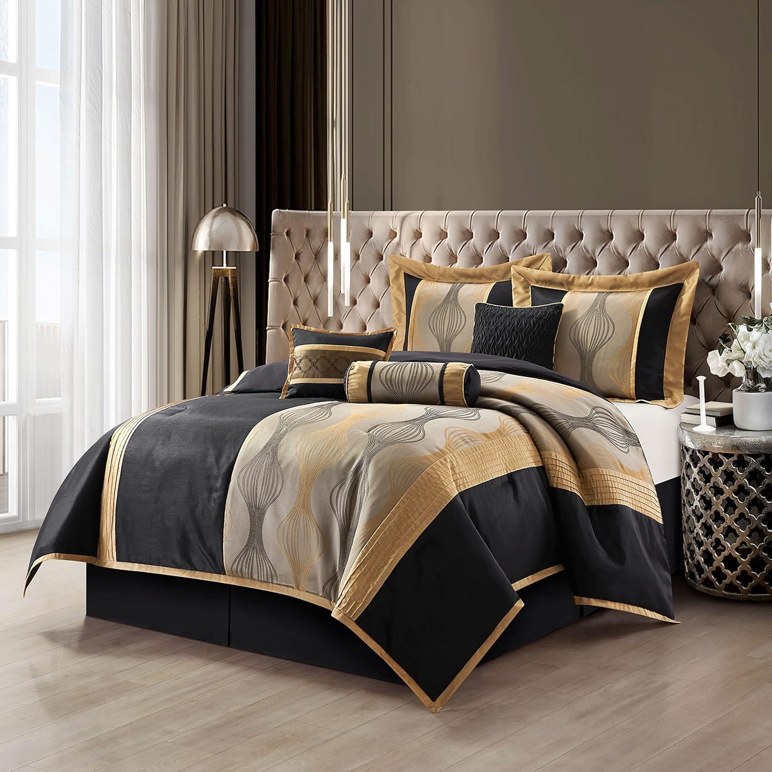 California King Black and Gold Microfiber 7-Piece Comforter Set