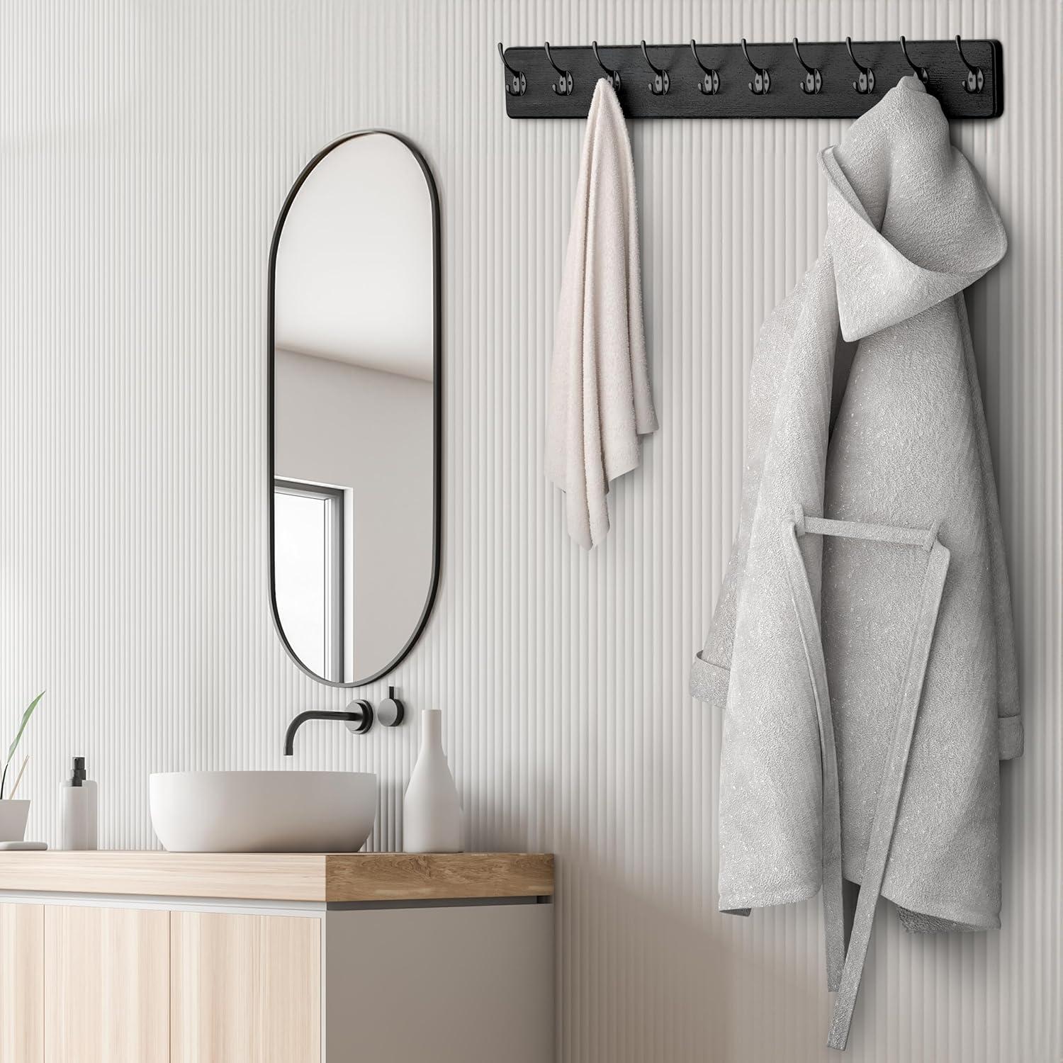 Rustic Coat Rack Wall Mount – 38.6 Inch Long Wall Mounted Coat Rack with 10 Hooks – Solid Pine Wood, Distressed Finish – Entryway Wall Hook Rack for Coats, Hats, Bags, Keys, Jackets - 2 Pack