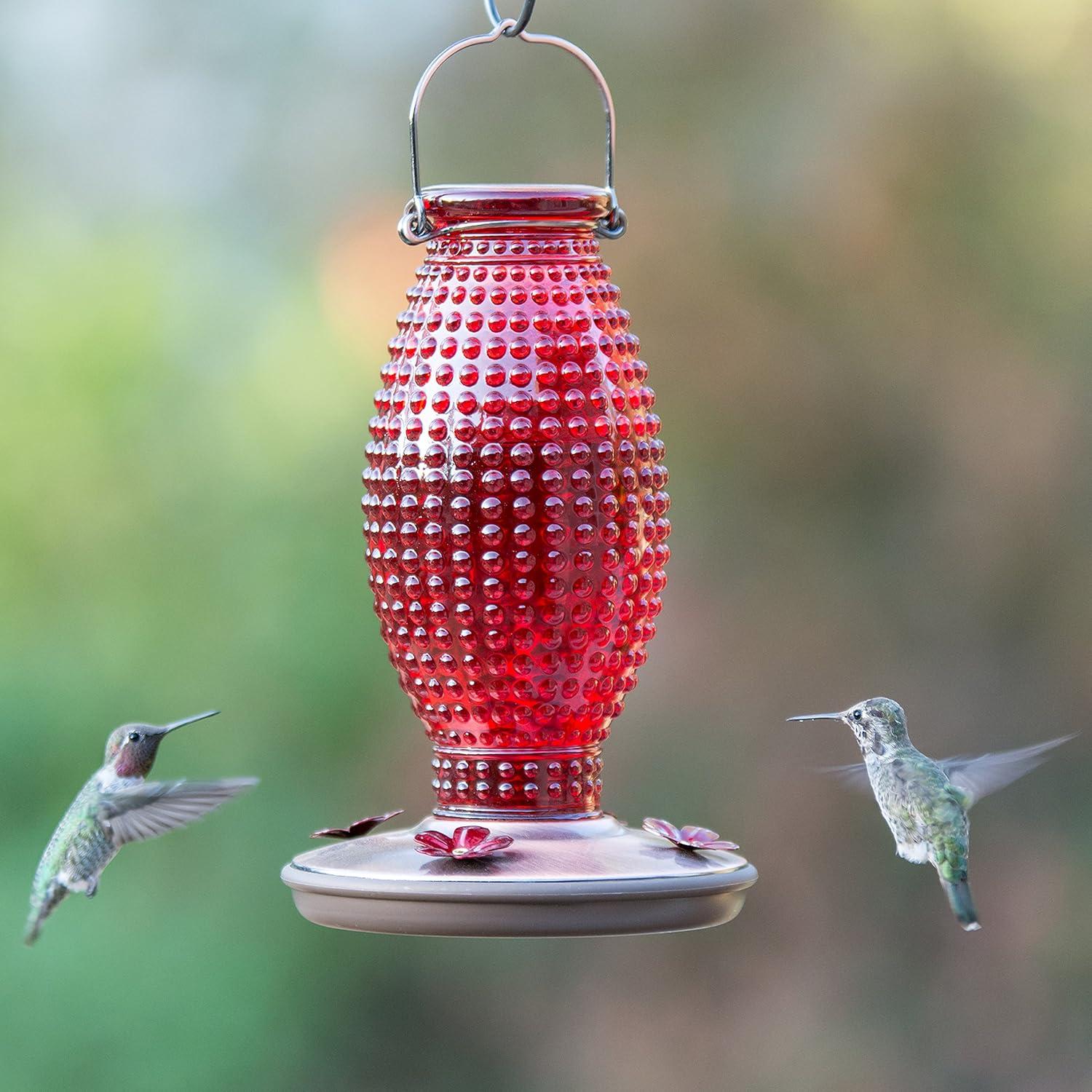 Red Hobnail Glass and Metal Hanging Hummingbird Feeder