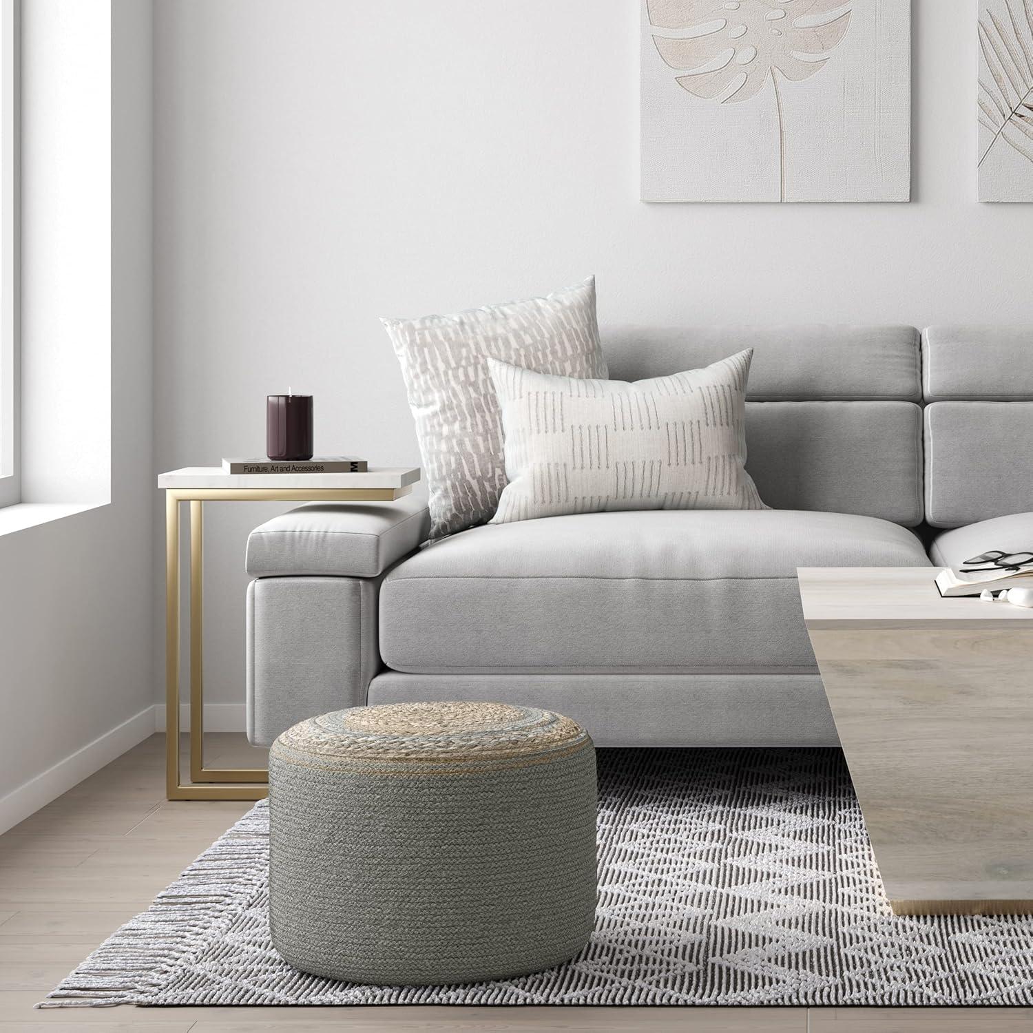 SIMPLIHOME Serena Contemporary Round Braided Pouf in Dove Grey Cotton for the Living Room, Bedroom and Kids Room