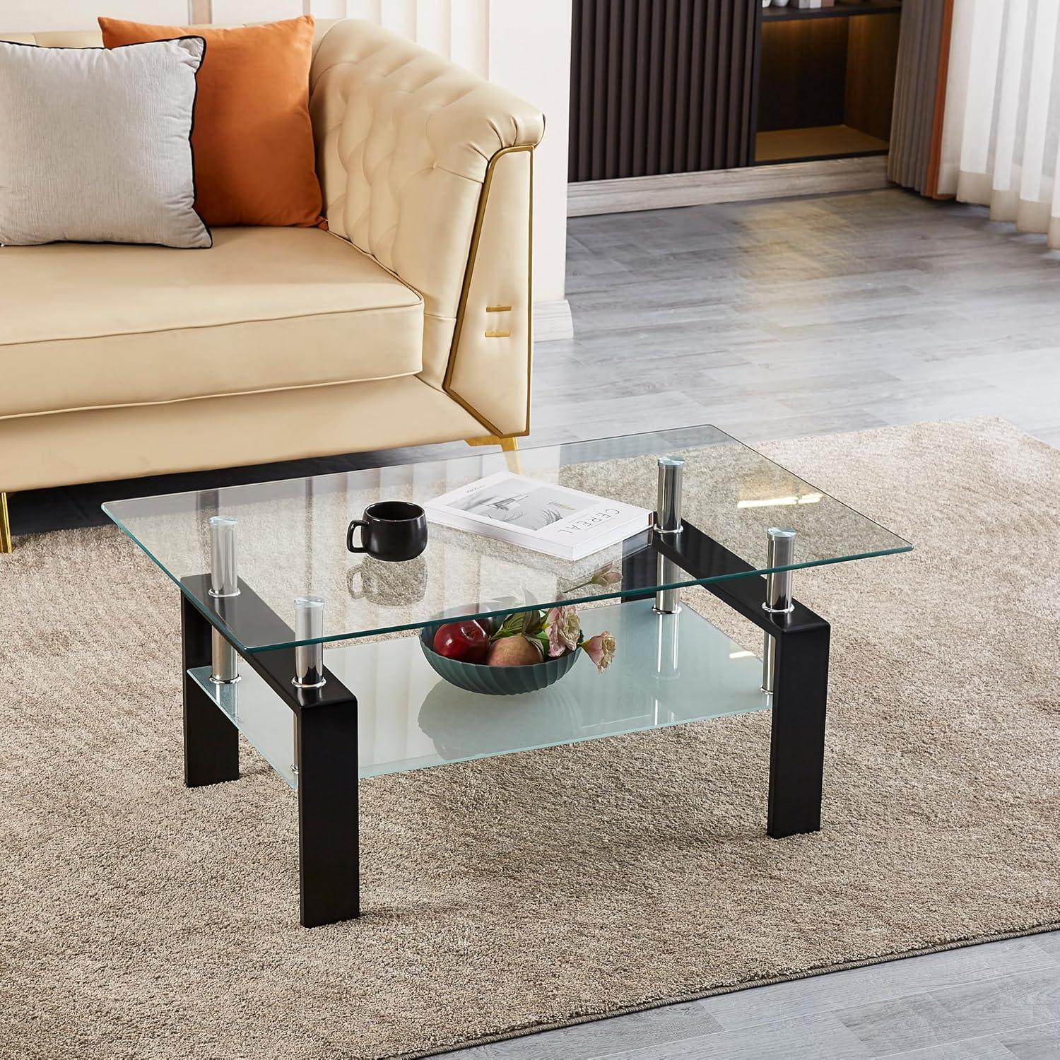 Glass Coffee Table Set of 3 Piece, Living Room Table Set of 3, Black Coffee Table and End Coffee Table Sets, Metal Frame (Black C, Set of 3)