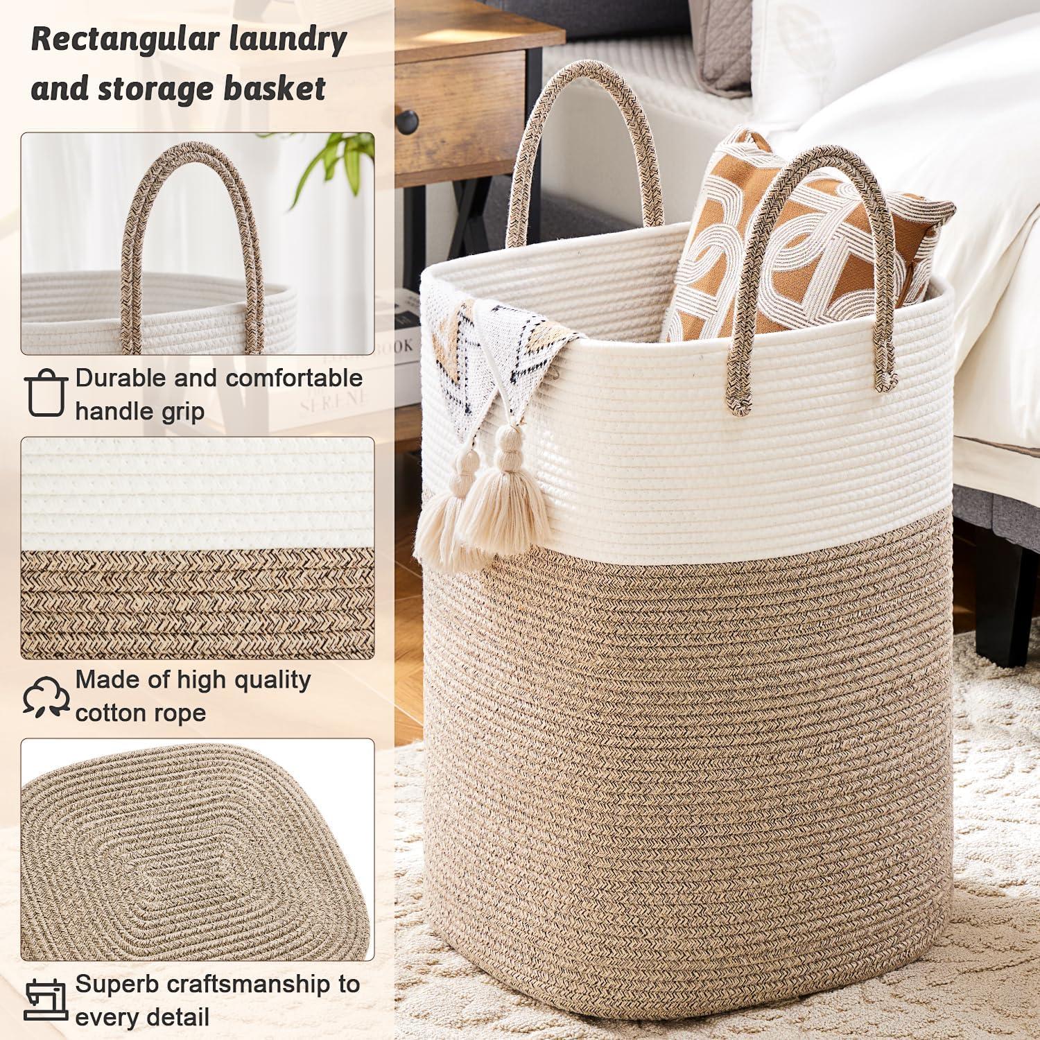 Beige and White Cotton Rope Collapsible Laundry Hamper