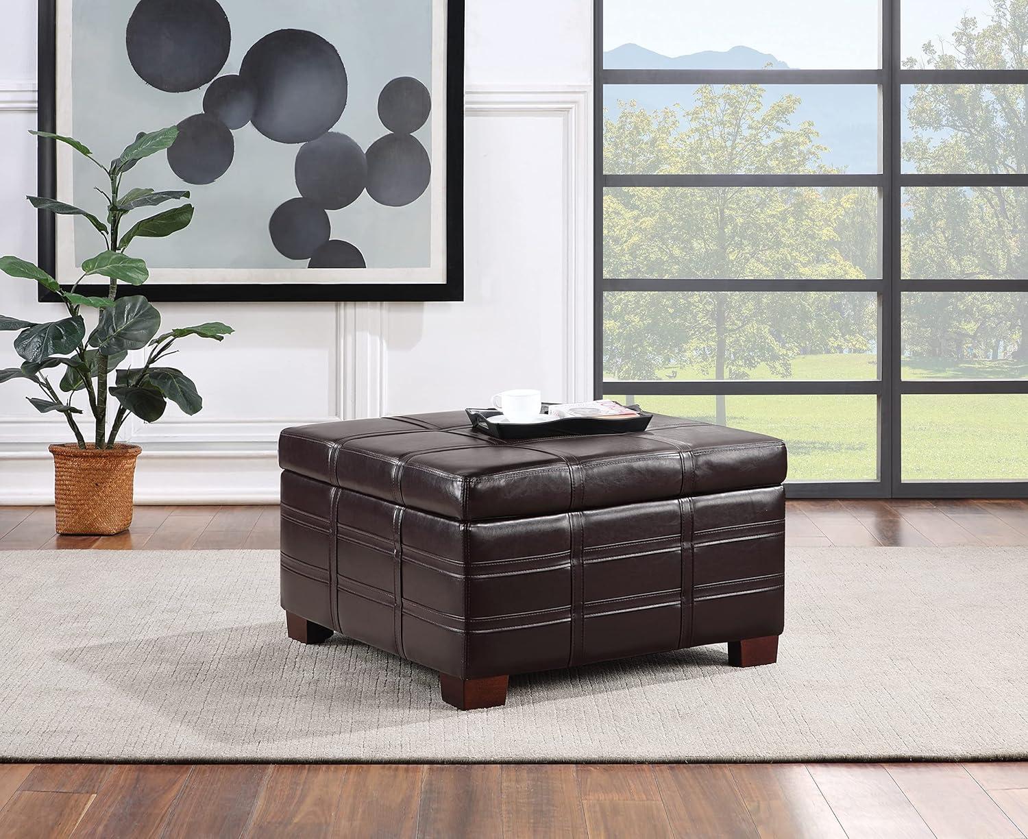 Detour Strap Square Storage Ottoman in Espresso Faux Leather
