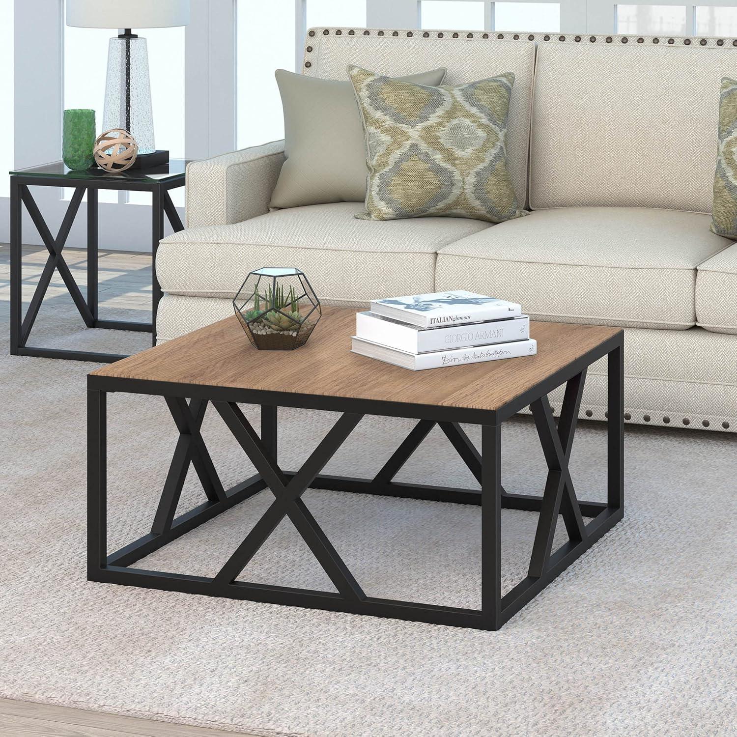 Jedrek 35'' Square Industrial Coffee Table in Blackened Bronze and Rustic Oak