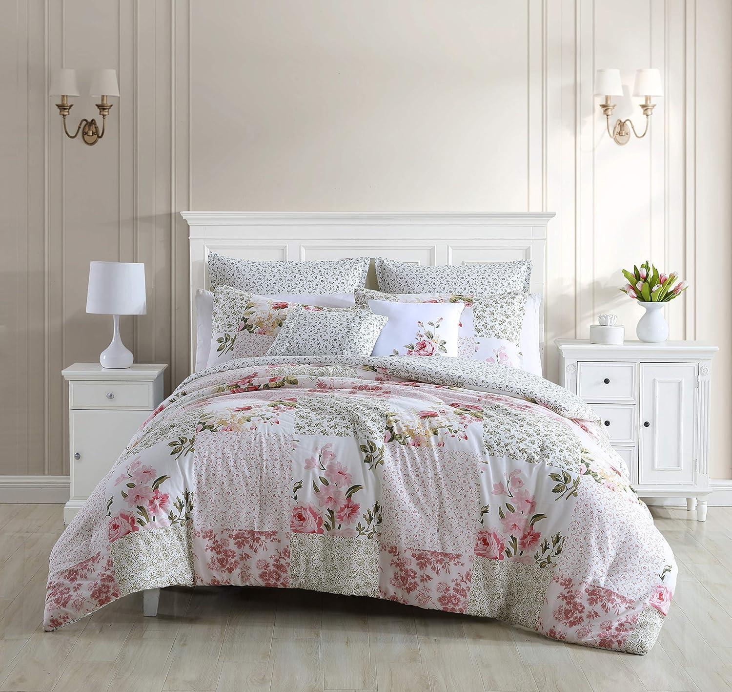 Ailyn Twin Pink Cotton Patchwork Comforter Set with Throw Pillows