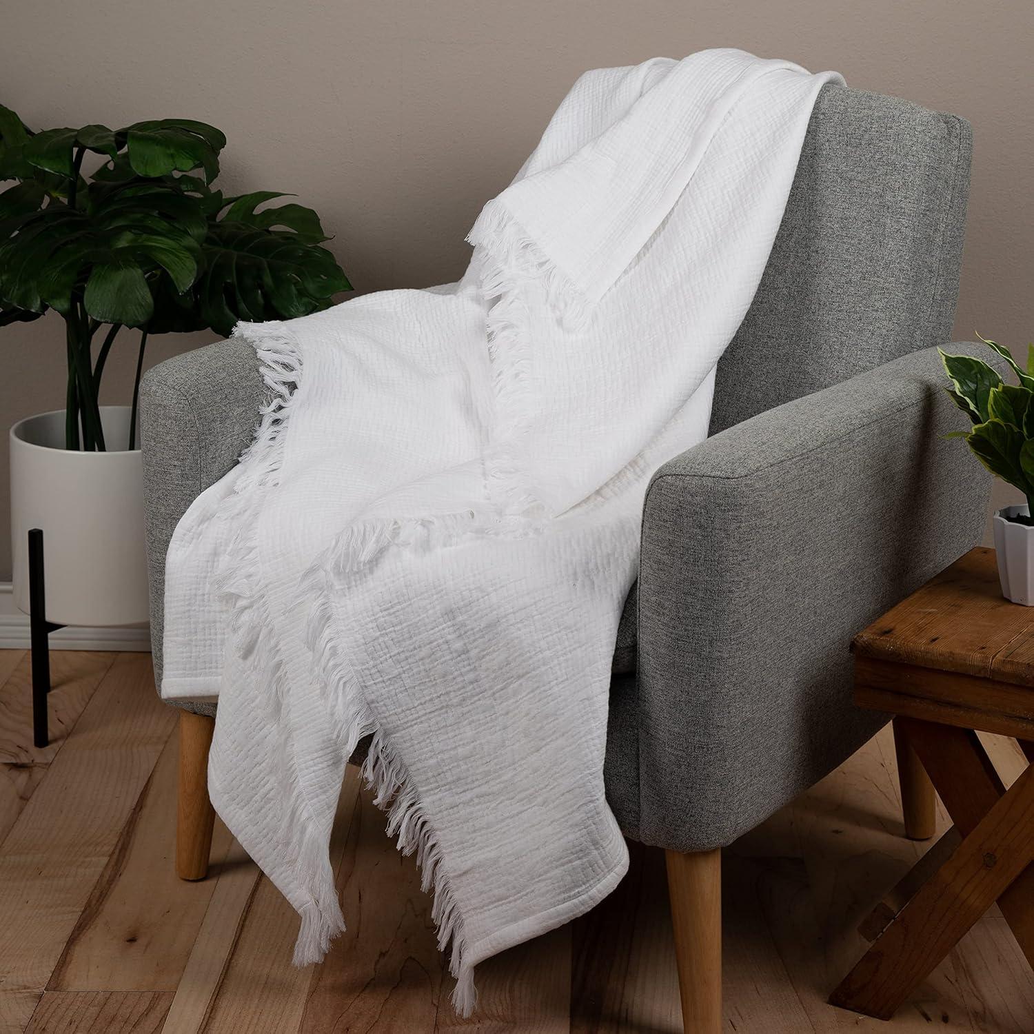 Sticky Toffee Muslin Throw Blanket for Adults, 100% Cotton, 60x50 in, Soft Lightweight and Breathable Throw for Couch, White