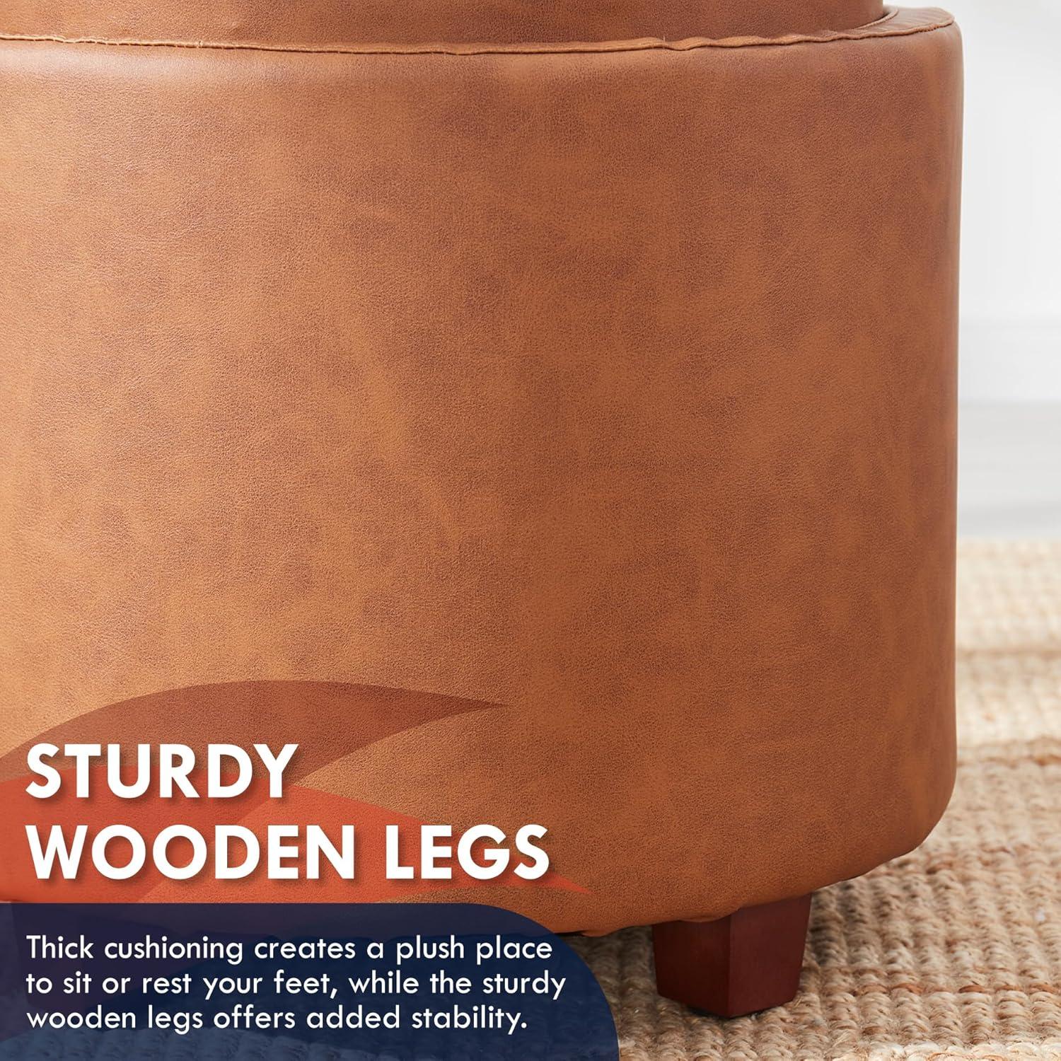 Ornavo Home Lawrence Round Storage Ottoman with Table Top Lid - Linen Beige