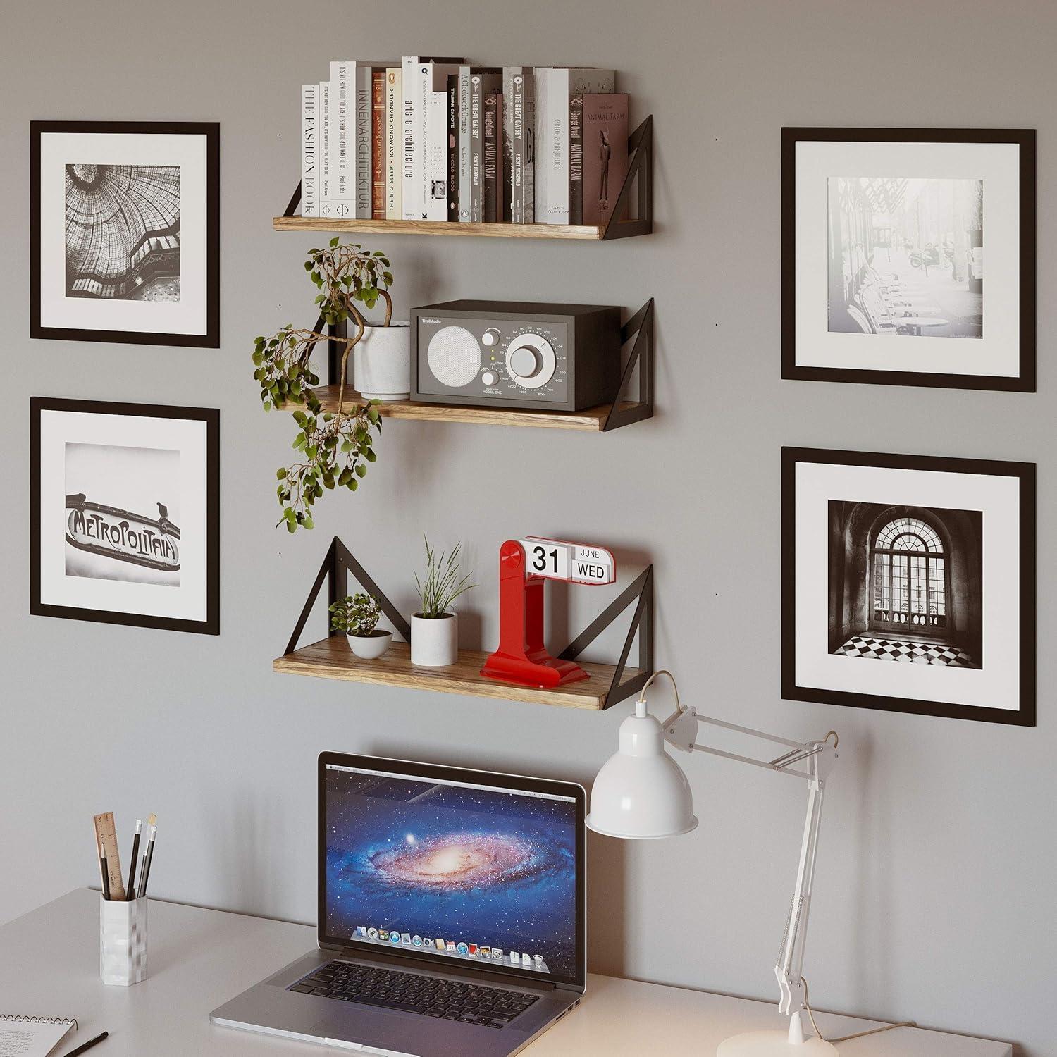 Natural Burned Rustic Wood Floating Shelves with Metal Brackets