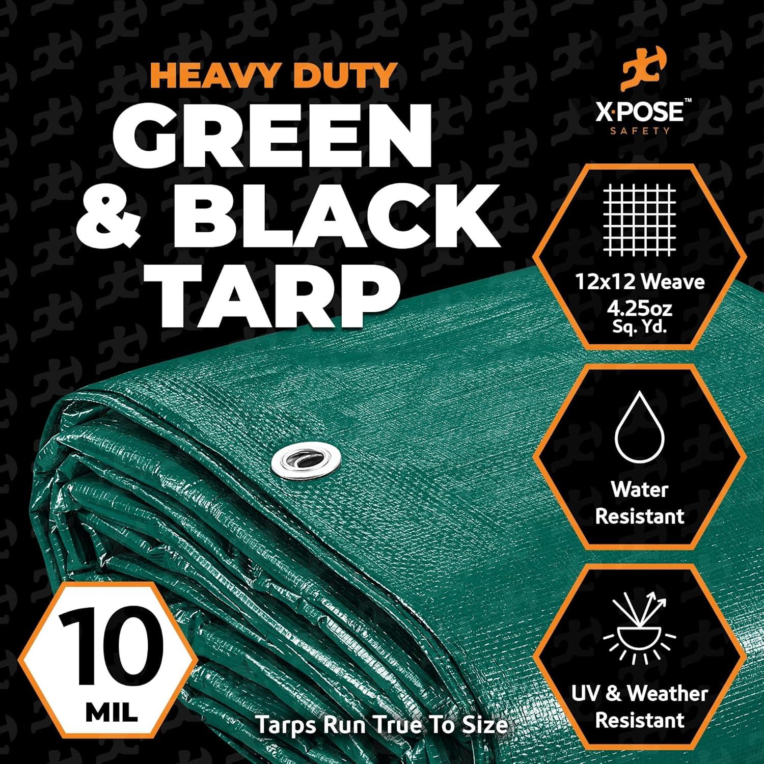 Heavy Duty Poly Tarp 30 Feet x 40 Feet 10 Mil Thick Waterproof, UV Blocking Protective Cover - Reversible Green and Black - Laminated Coating - Rustproof Grommets - by Xpose Safety