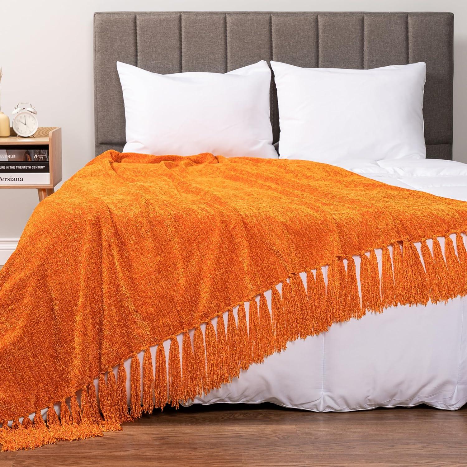 PAVILIA Chenille Throw Blanket with Woven Knitted Tassel Fringe for Couch, Living Room Decor and Bed