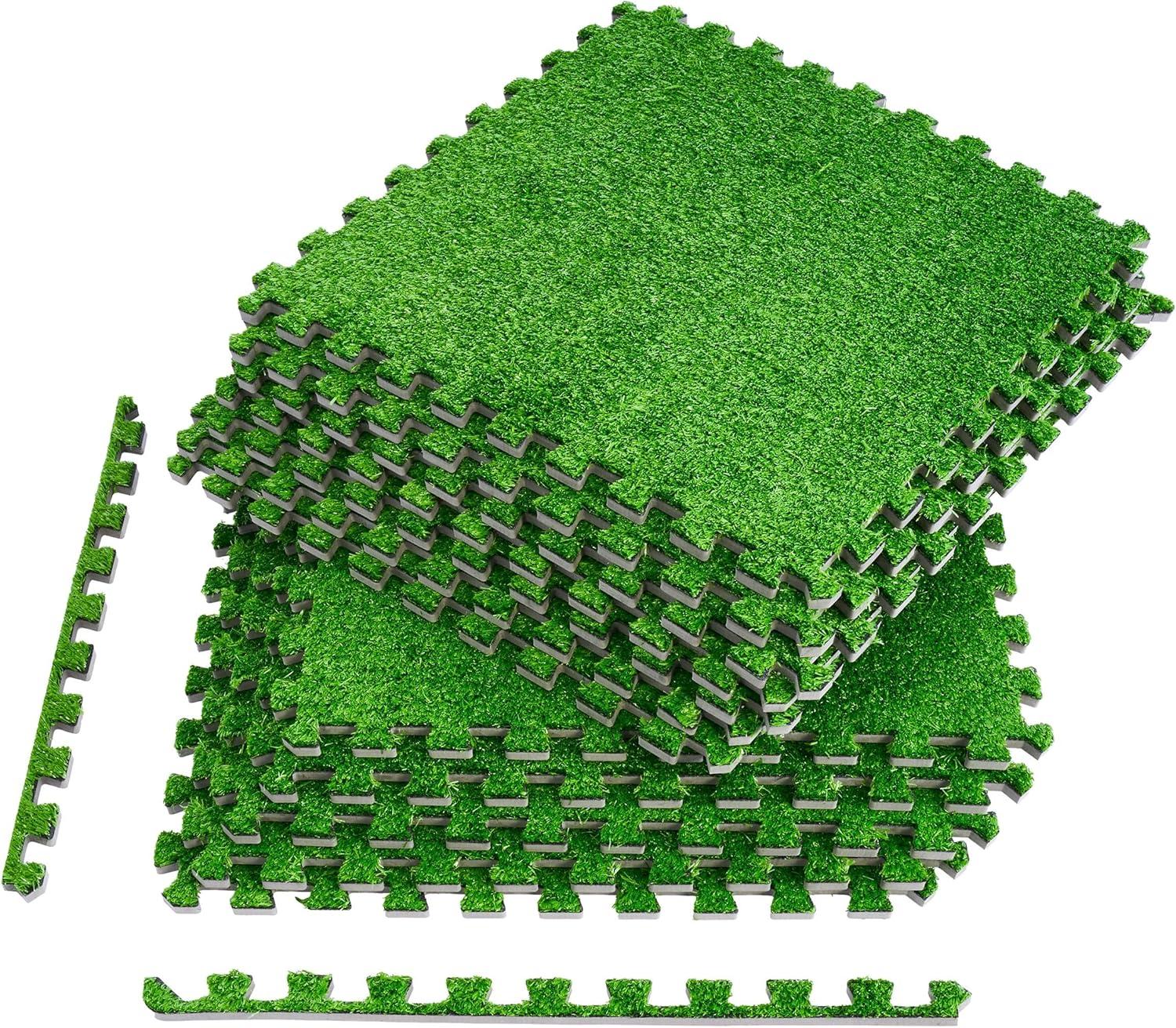 Sorbus Grass Mat Interlocking Floor Tiles, Soft Artificial Grass Carpet, Multipurpose Foam Tile Flooring, Great for Patio, Playroom, Gym, Tradeshow (12 Pieces, Borders)