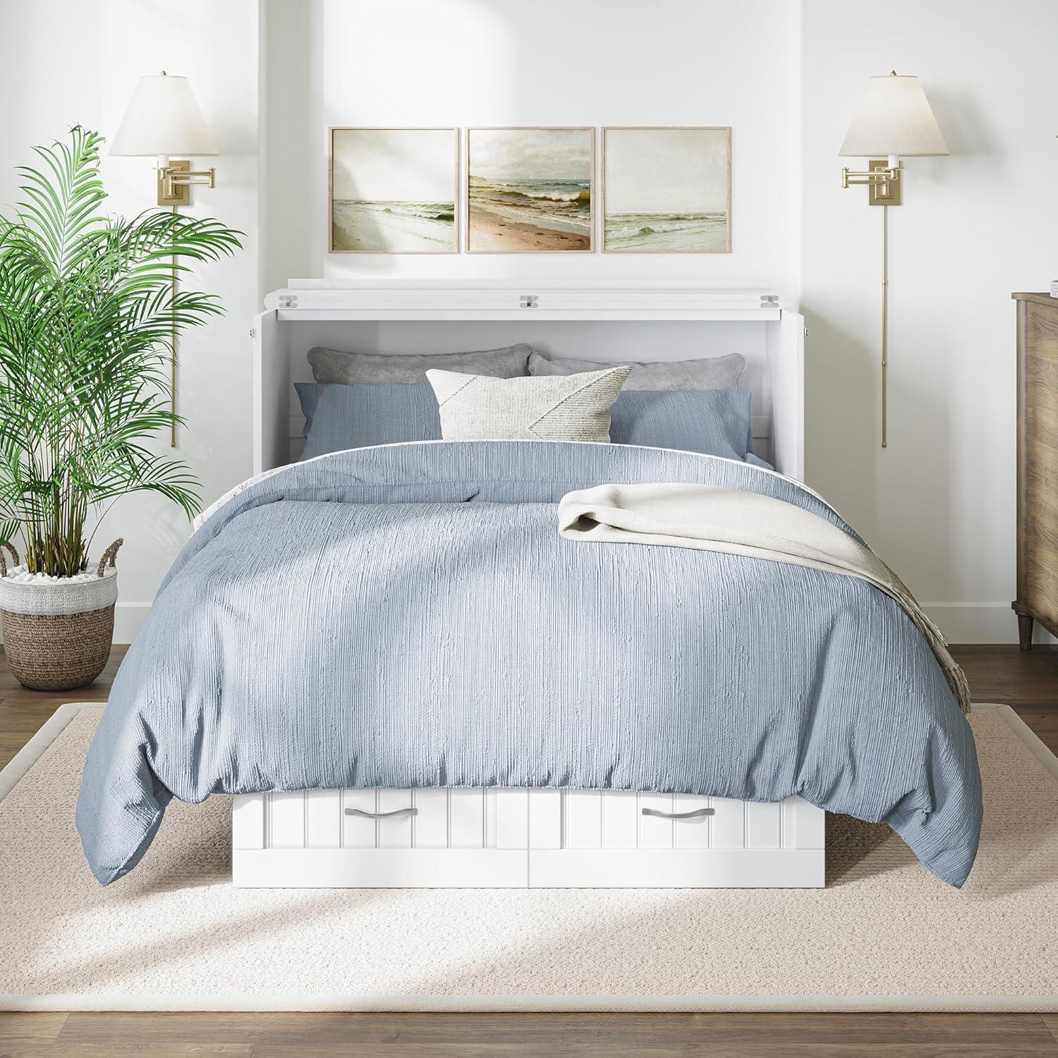 Nantucket Full Size Wood Murphy Bed Chest w/Mattress & Built-in Charger in White