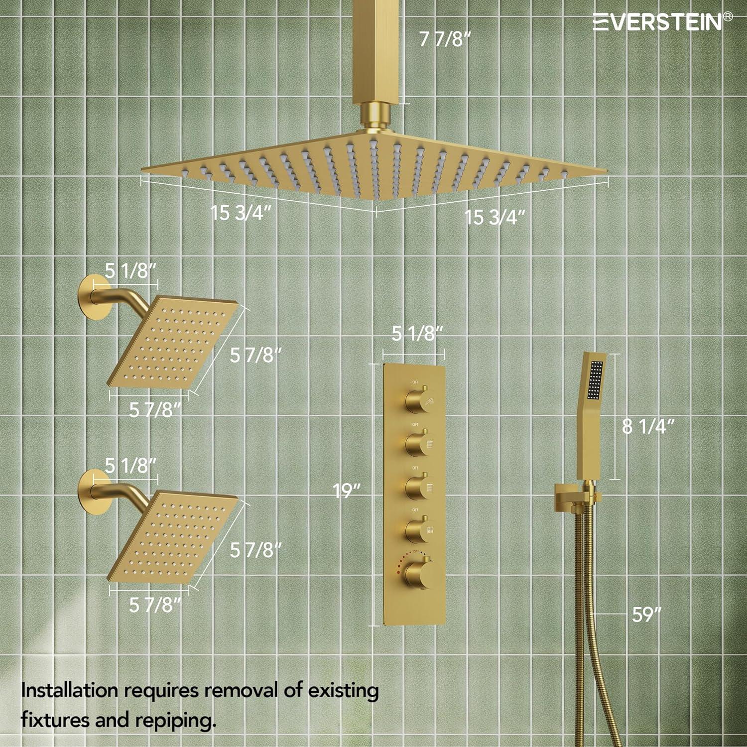 Thermostatic Shower Faucet 16" High-Pressure Triple Showerheads with Rough-In Valve