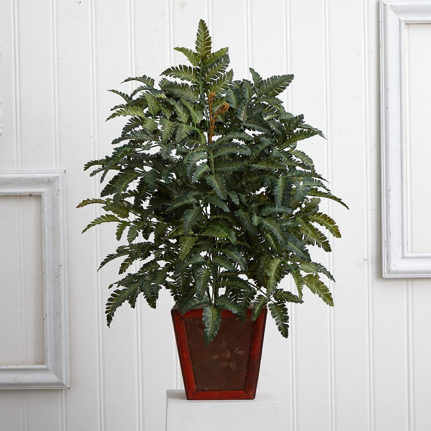 Nearly Natural 32-in Bracken Fern in Wooden Planter