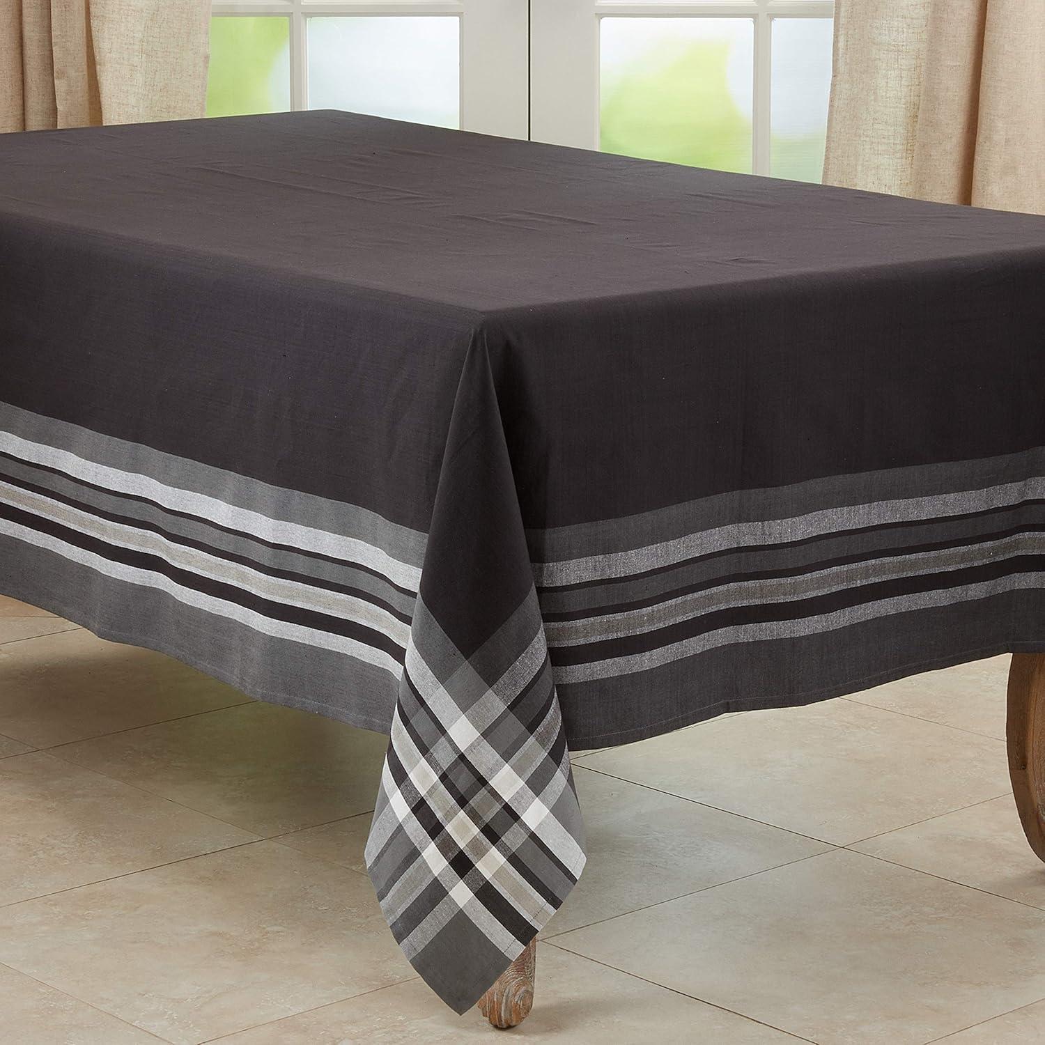 Gray Cotton Tablecloth with Striped Border, 70" x 120"