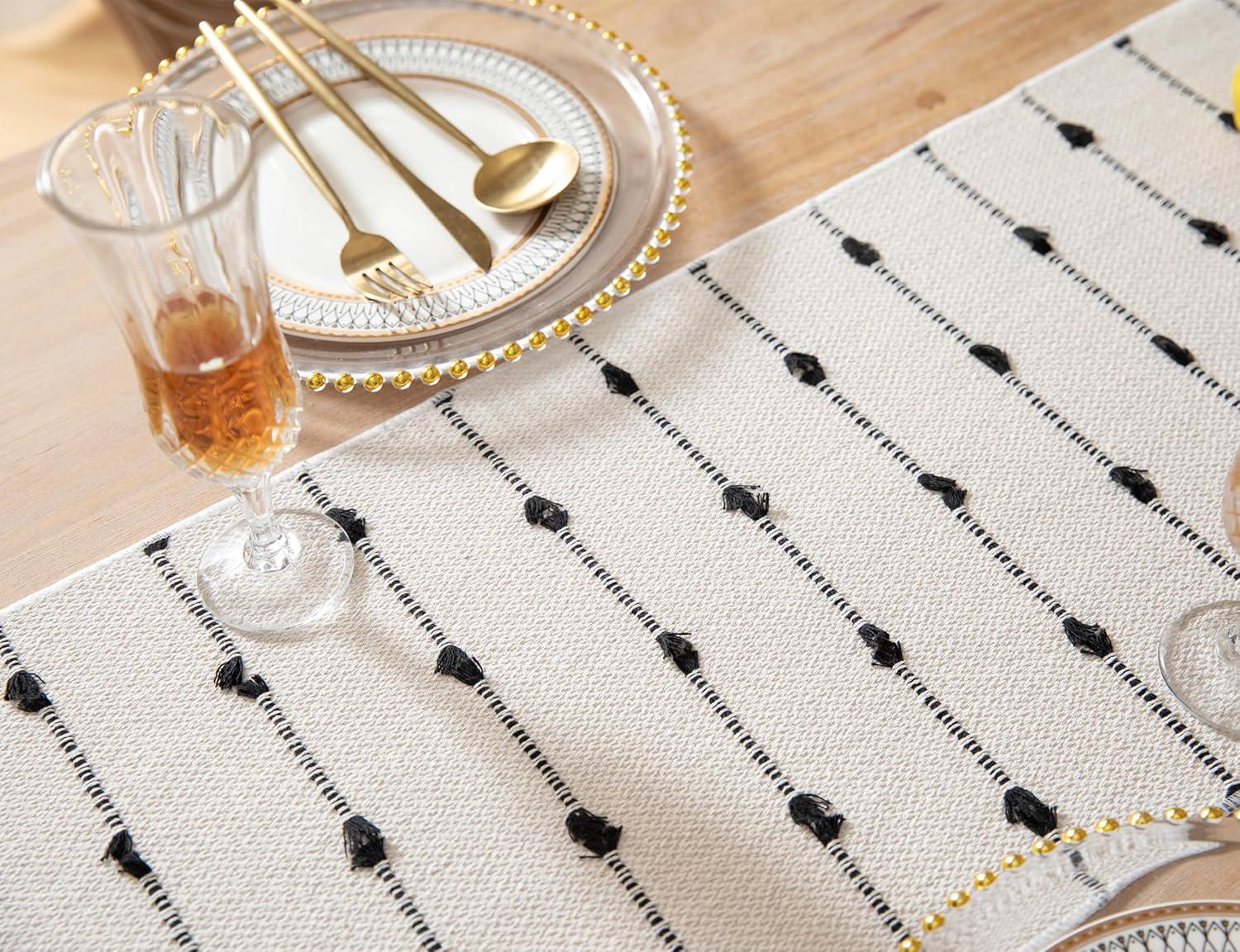 Table Runner 13 X 90 Inch Long Natural Cotton Woven Runner With Tassels For Home Dining Table Décor, For Modern Farmhouse Decor Coffee Table Runner