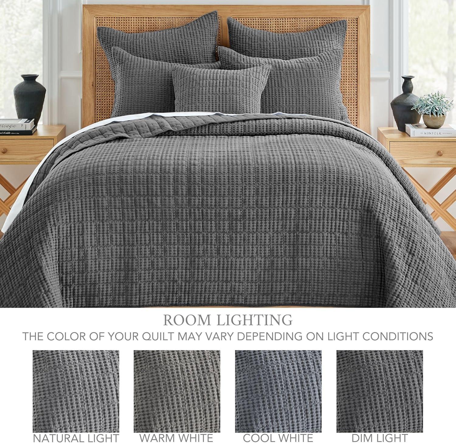 Mills Waffle Charcoal Quilt Set - One Full/Queen Quilt and Two Standard Shams - Levtex Home