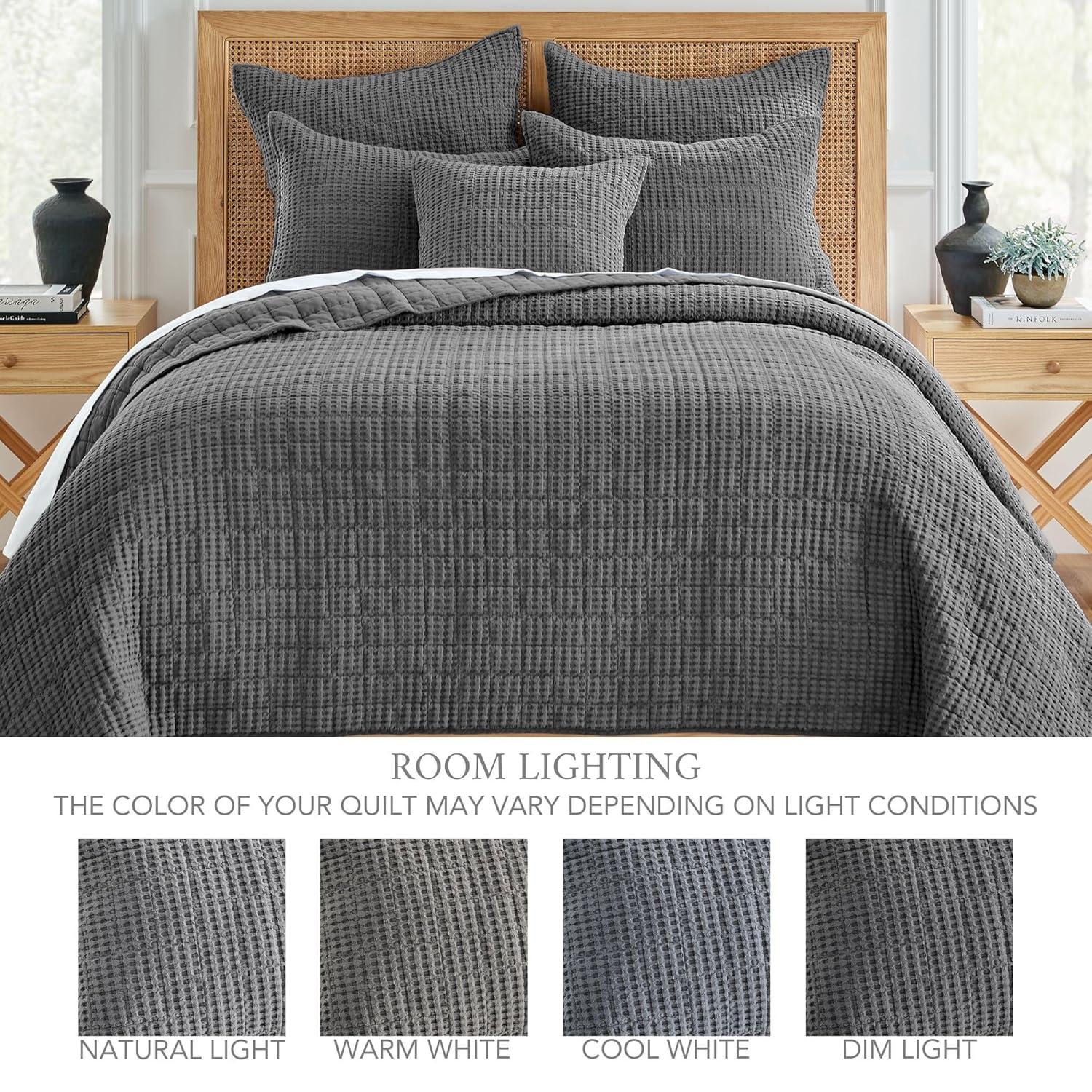 Mills Waffle Charcoal Quilt Set - One King Quilt and Two King Shams - Levtex Home