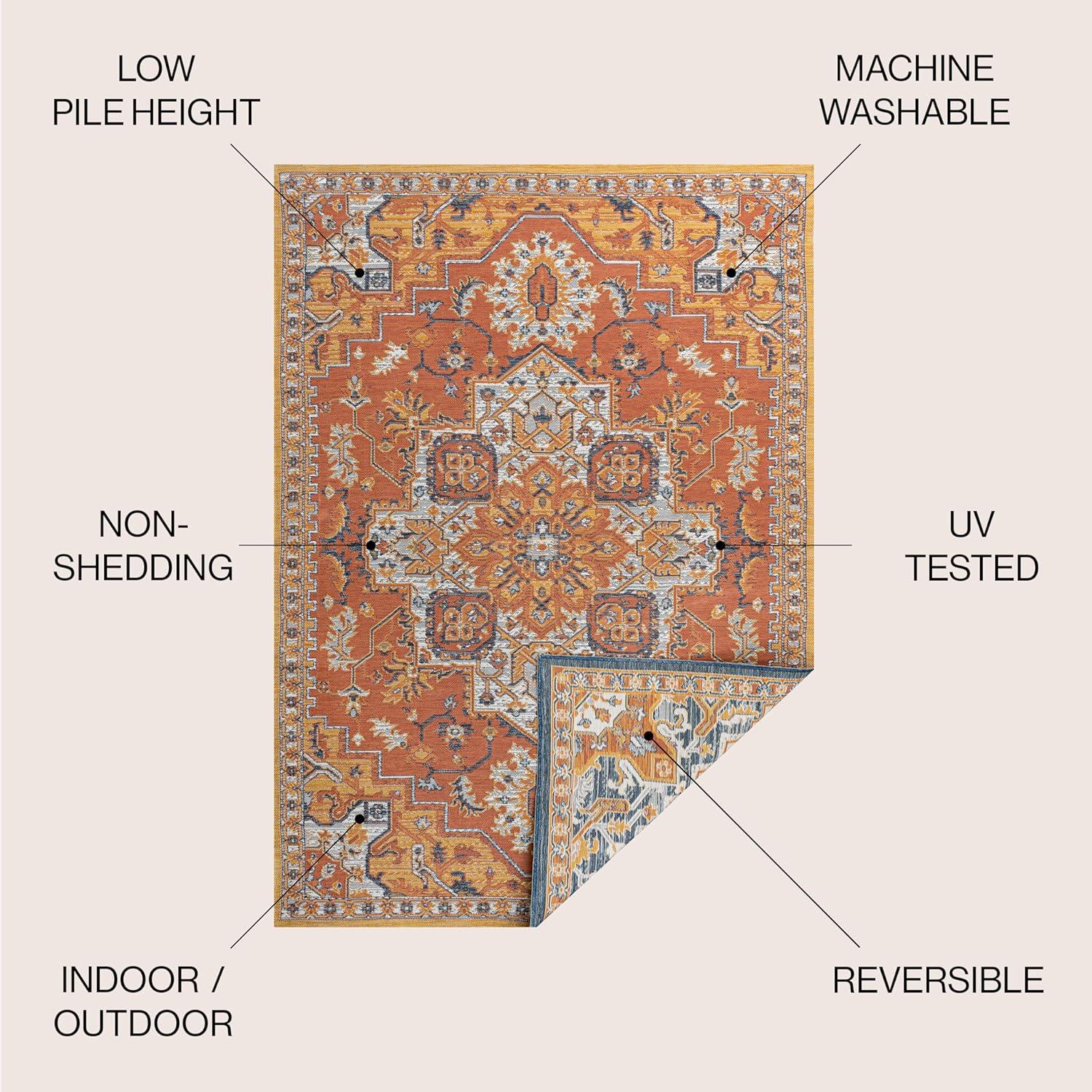JONATHAN Y Bijan Traditional Vintage Medallion Reversible Machine-Washable Terra/Blue/Cream 3 ft. x 5 ft. Indoor/Outdoor Area Rug