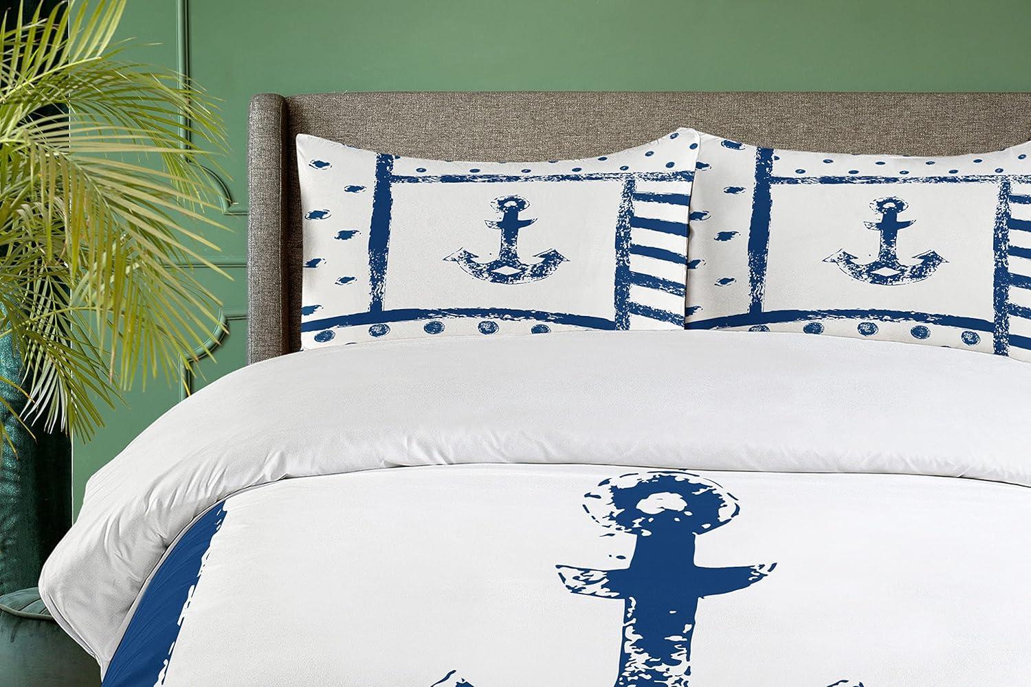 Anchor Twin Size Duvet Cover Set, Grunge Murky Boat Anchor Silhouette with Polka and Stripe Retro Navy Theme Art, Decorative 2 Piece Bedding Set with 1 Pillow Sham, Dark Blue White, by Ambesonne