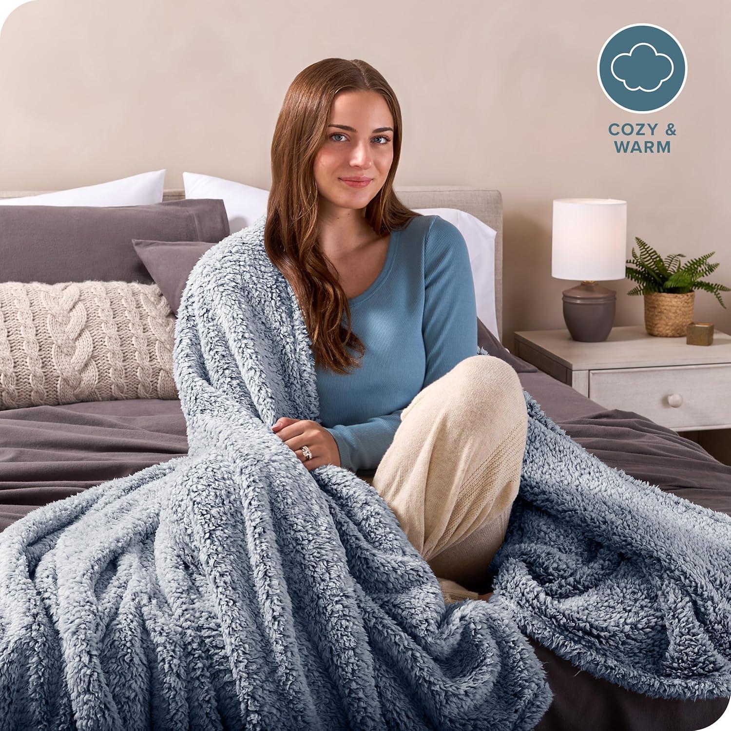 Dark Blue - Tipped Throw Cozy Faux Shearling Bed Blanket by Bare Home
