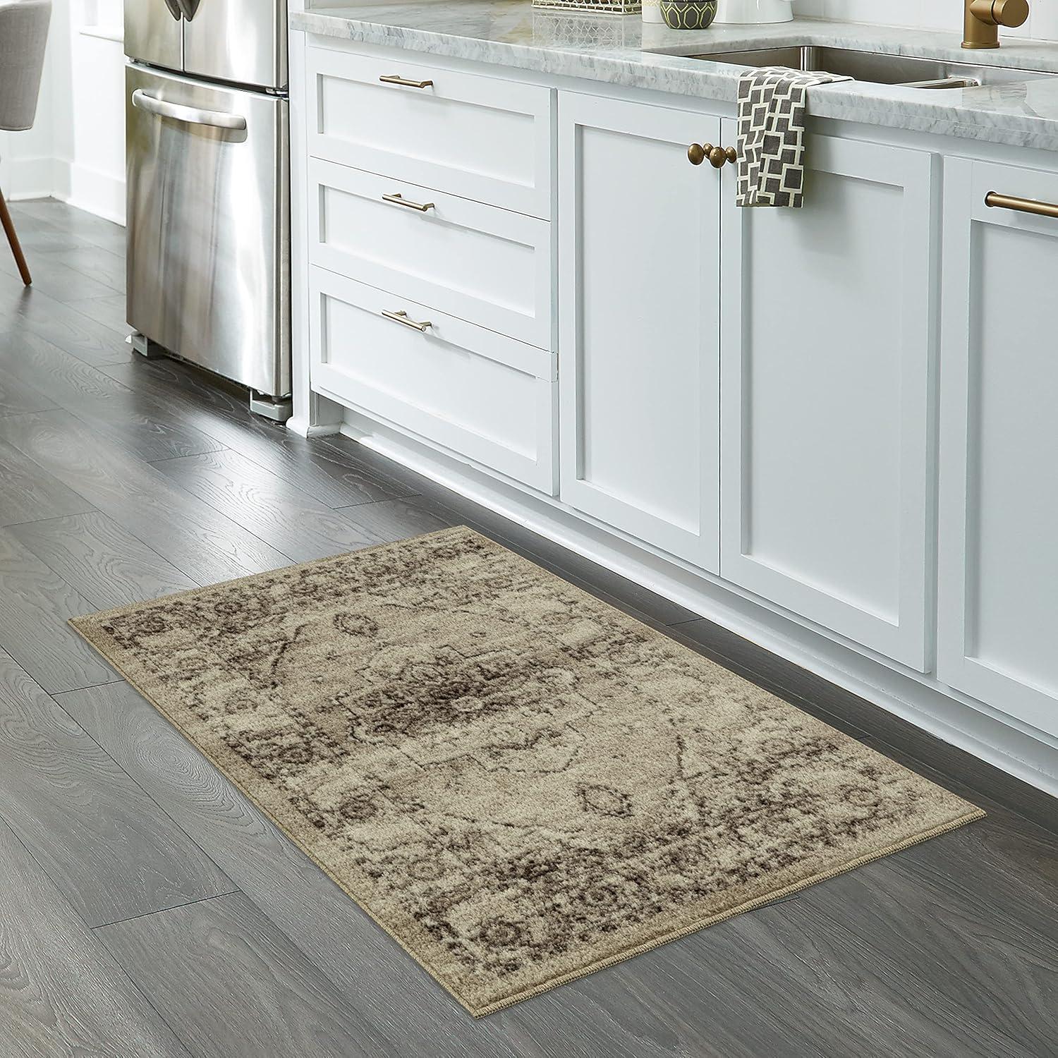 Maples Rugs Lexington Farmhouse Floral Taupe Washable Entryway Area Rug, 2'6 x 3'10