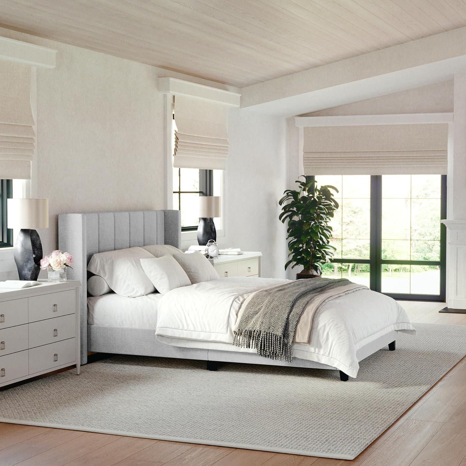 Martha Stewart Kay Upholstered Platform Bed With Channel Stitched Wingback Headboard