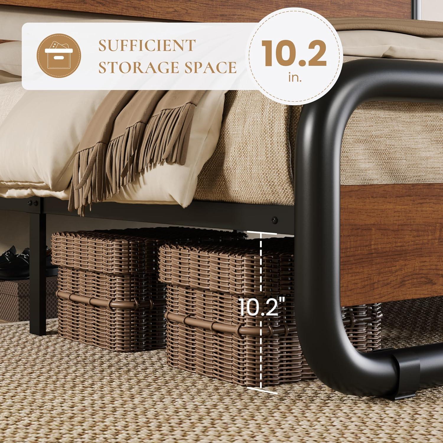 Sha Cerlin Walnut King Size Platform Bed Frame with Wooden Headboard & Underbed Storage, Adult