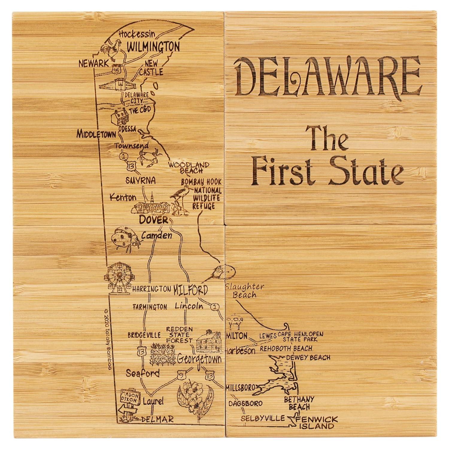 Delaware State Puzzle Bamboo Coaster Set with Case