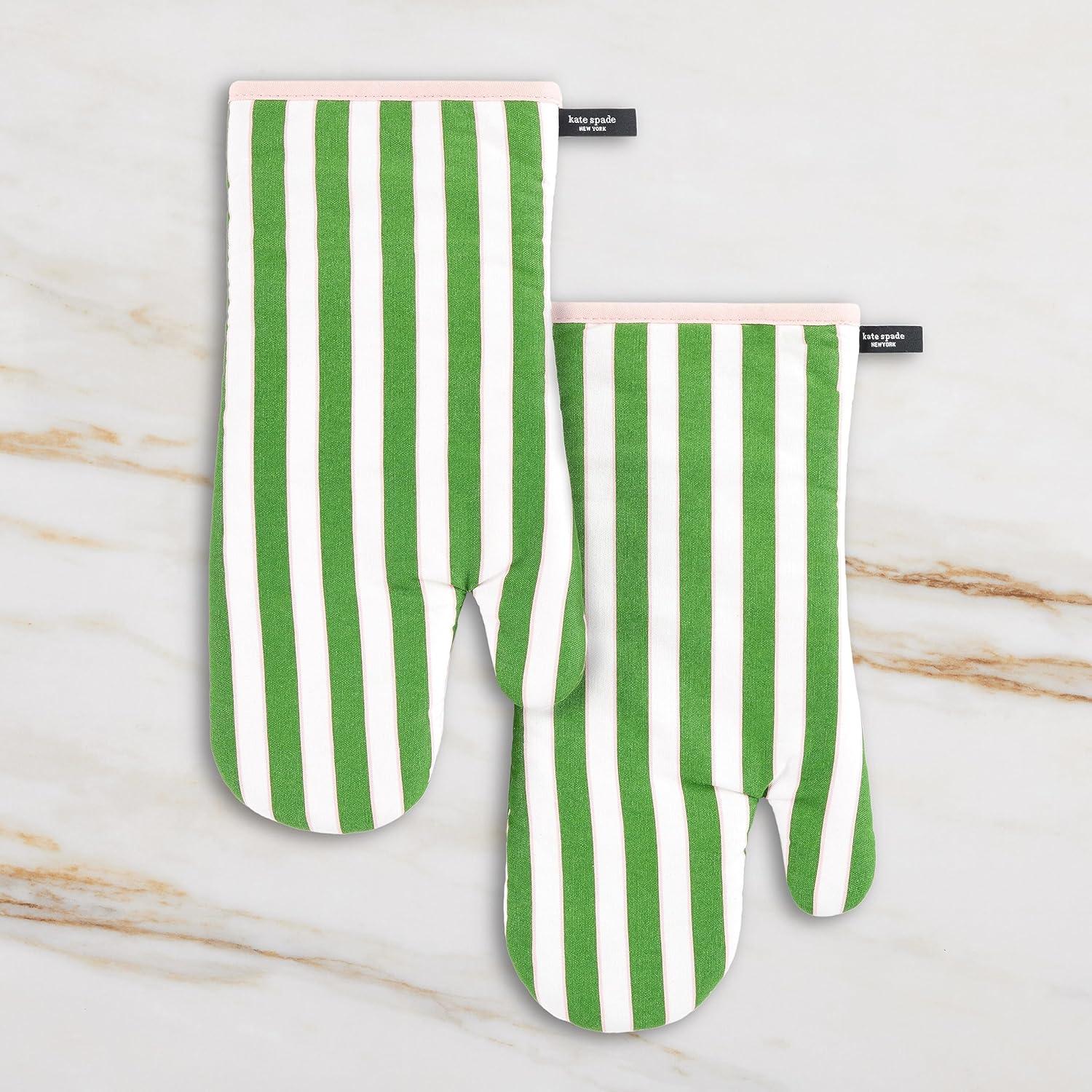 Green and Pink Striped Cotton Oven Mitt Set