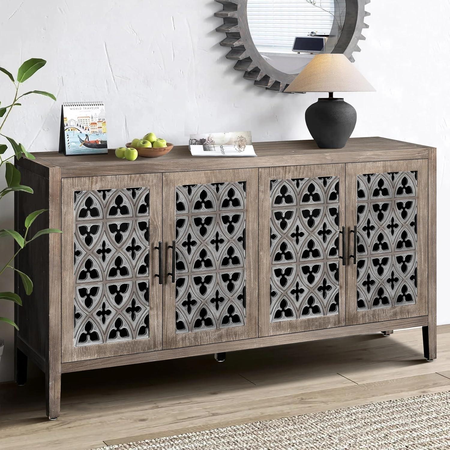 Lunale Retro Hollow Carved Storage Cabinet, American Country Style Sideboard, Suitable for Living Room, TV Cabinet, Kitchen, Brown