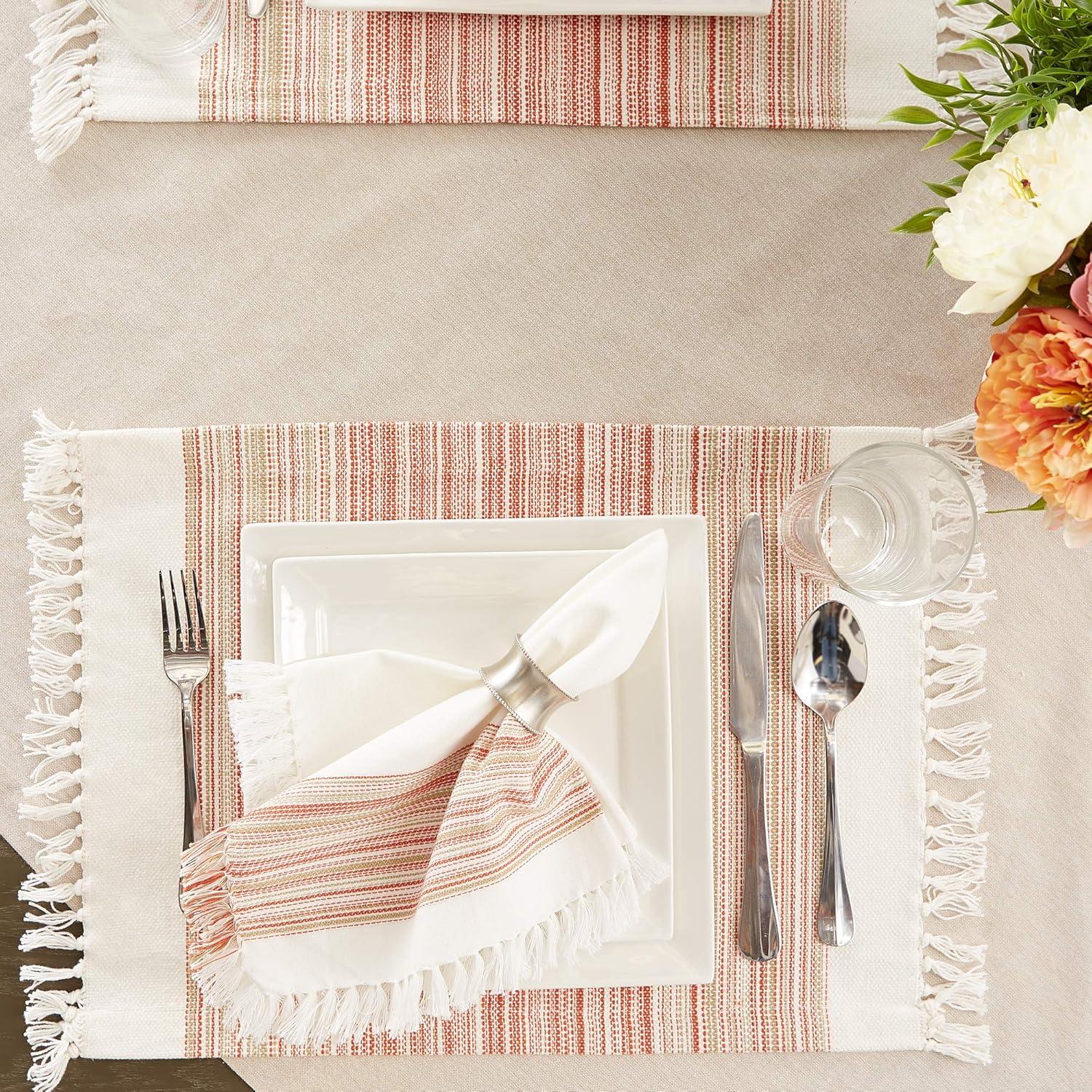 6pk Cotton Pimento Striped Placemats with Fringe - Design Imports: Washable Kitchen & Dining Table Decor, Rectangle, 13"x11"