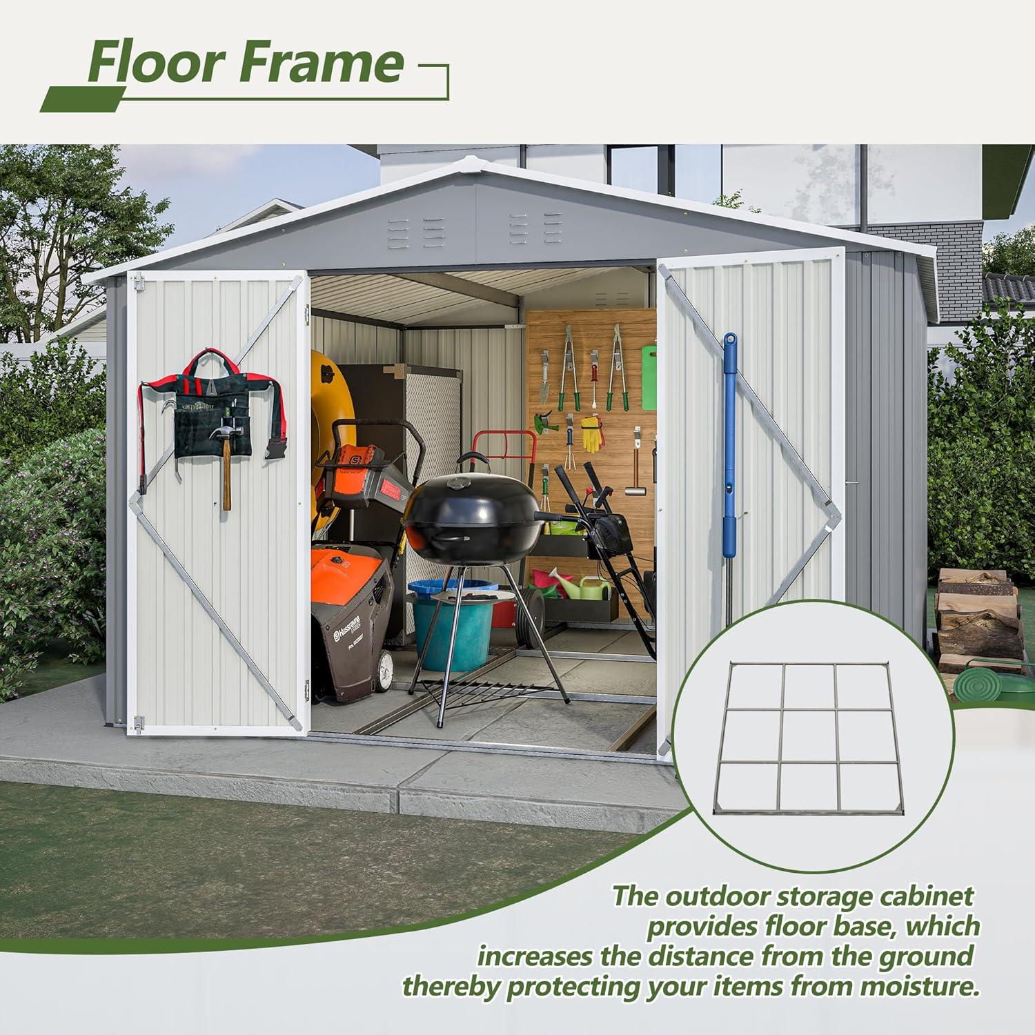 LZBEITEM 10 x 10 ft Outdoor Storage Shed with Floor Frame Kit, Galvanized Steel Garden Sheds, Garden Tool Shed with Double Lockable Doors for Backyard Patio Lawn, Grey