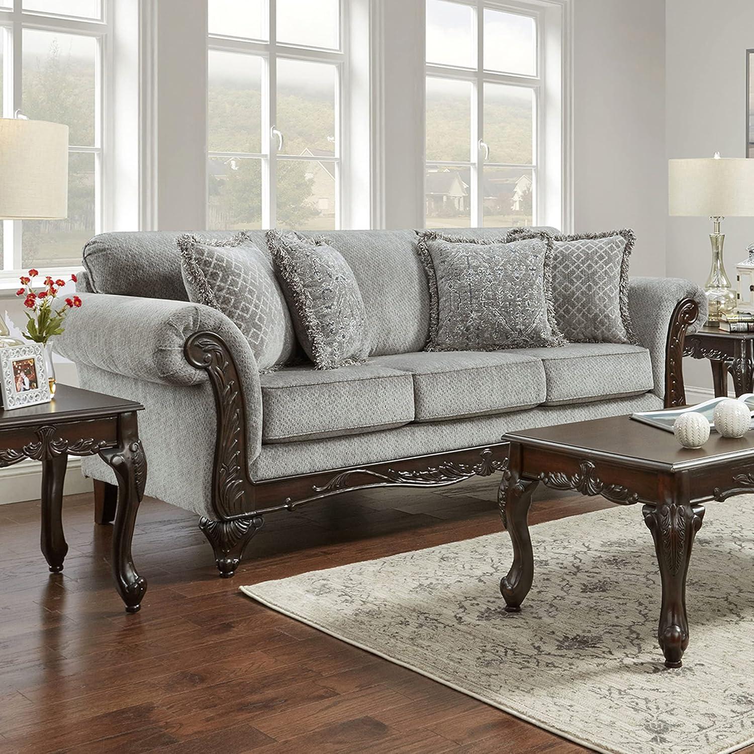 Roundhill Furniture Hernen Carved Wood Frame Polyester Sofa and Loveseat Set, Gray