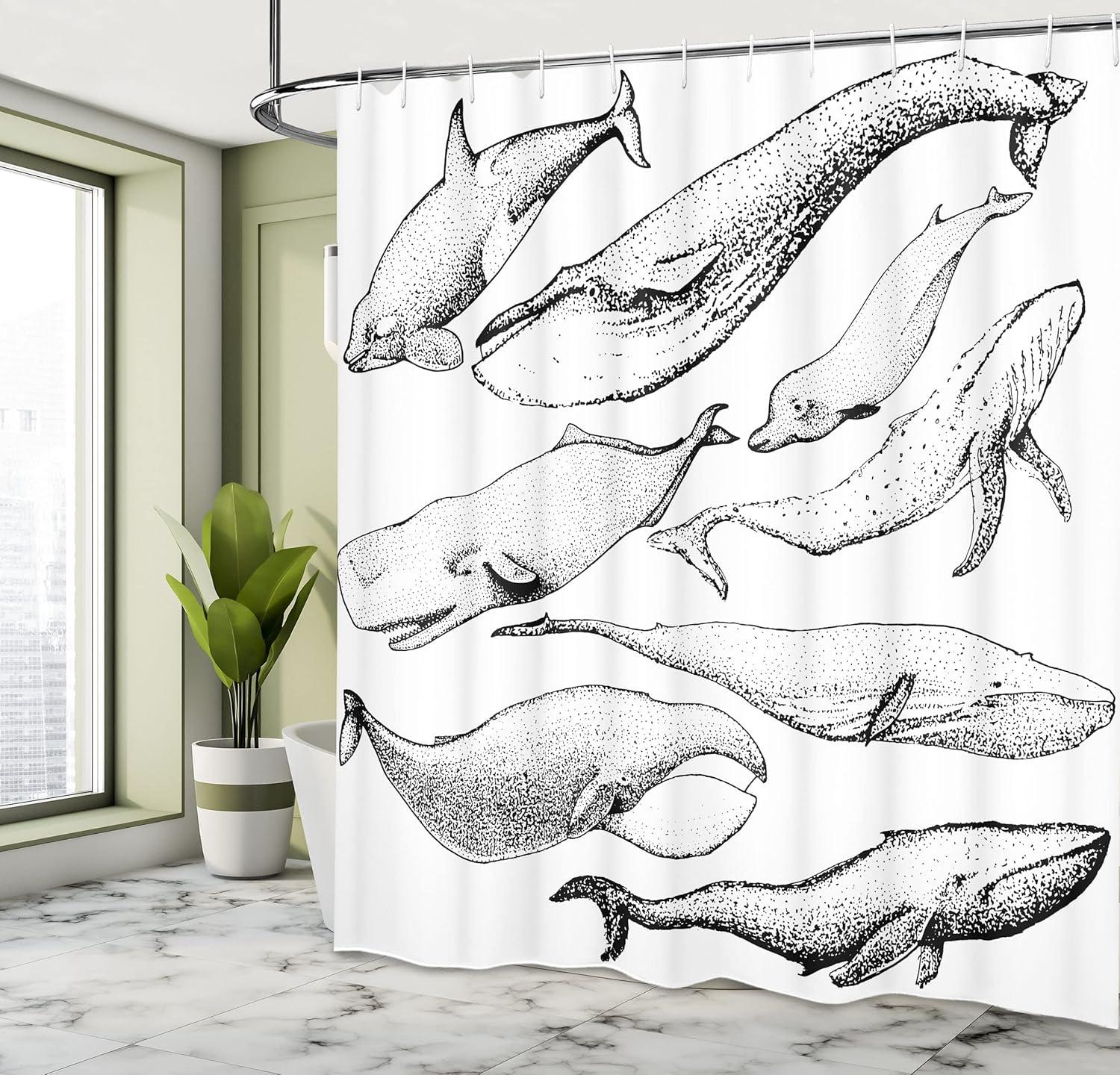 Ambesonne Animal Shower Curtain, Hand Drawn Single Whale, 69"Wx84"L, Black and White