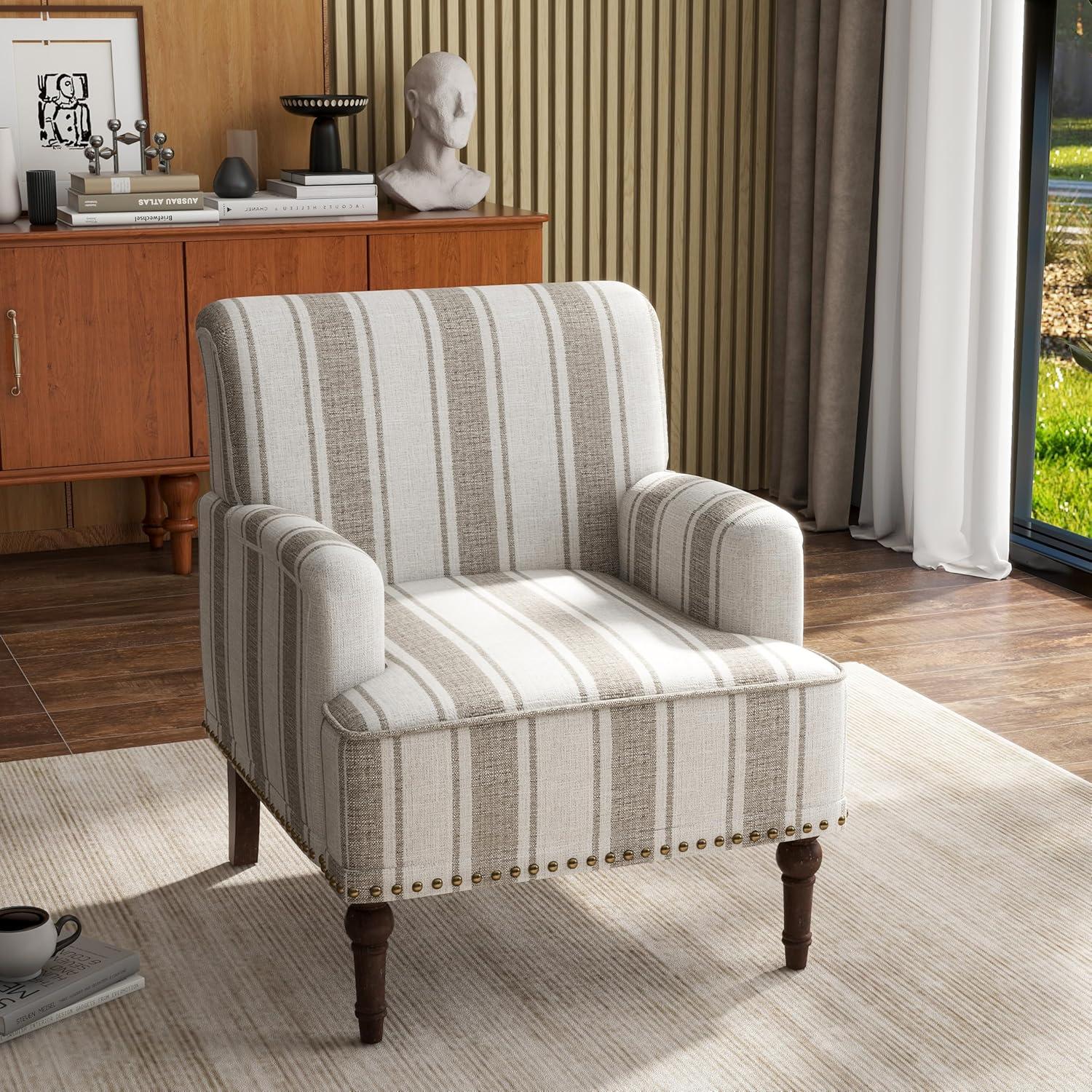 Brown Striped Linen Accent Chair with Wooden Legs