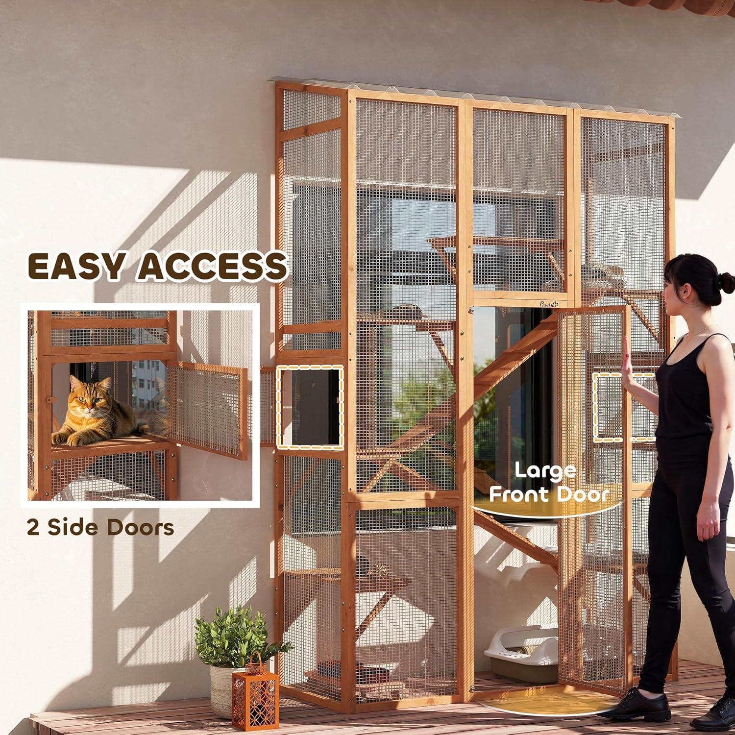 PawHut Outdoor Catio Cat Enclosure, Large Wooden Cat House with 6 Jumping Platforms, Scratching Post, 2 Ramps, Waterproof Roof, for 2-3 Kittens