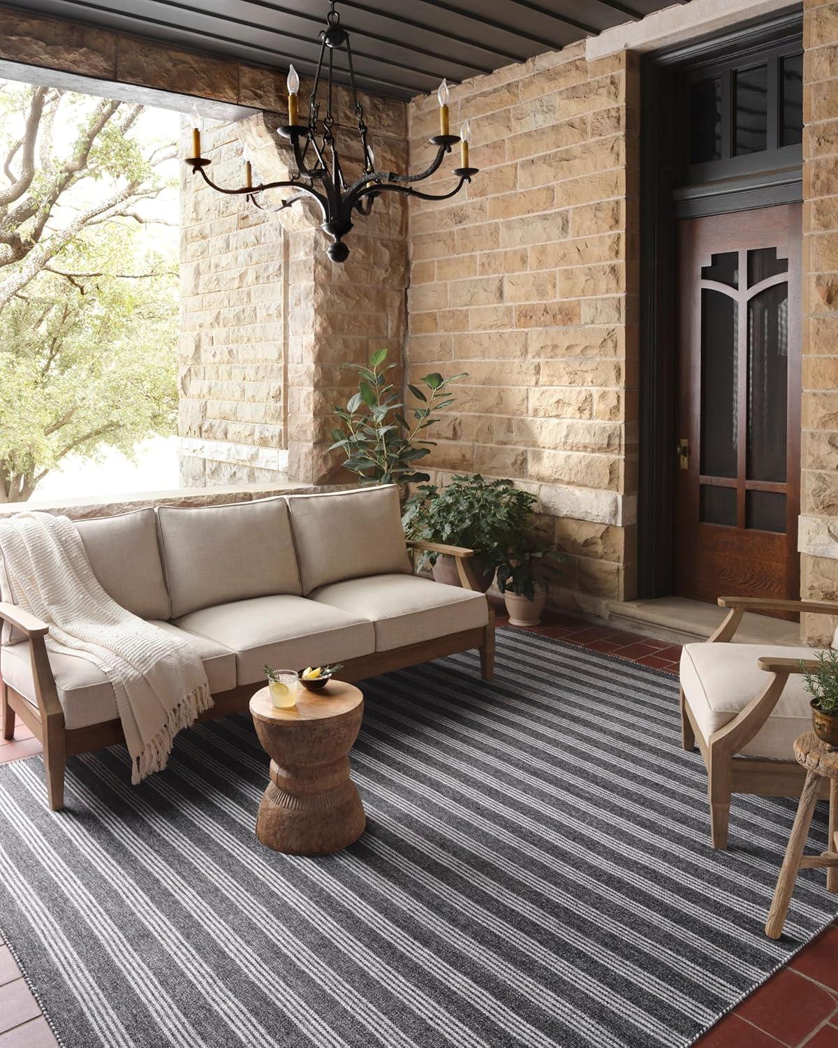 Charlie Gray and Black Striped Synthetic Indoor/Outdoor Rug