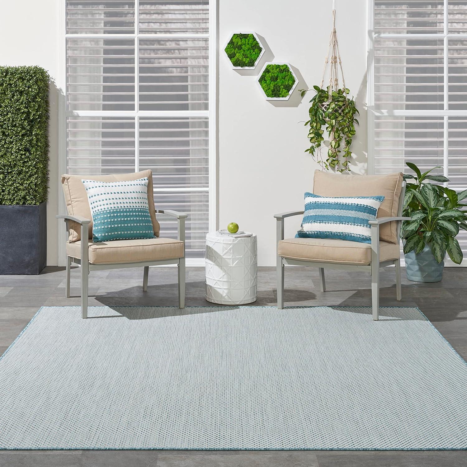 Nourison 6' x 6' Courtyard Modern Easy Care Flatweave Indoor Outdoor Square Rug Ivory/Aqua
