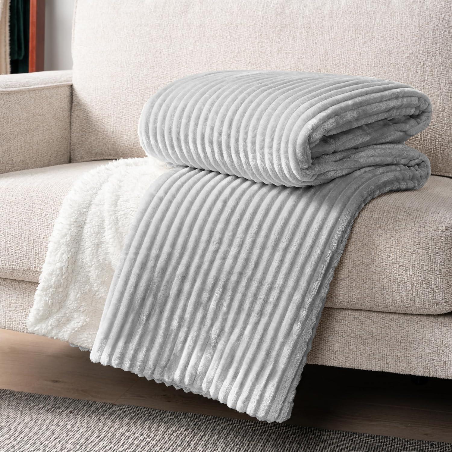 PAVILIA Soft Thick Fleece Flannel Ribbed Striped Throw Blanket, Luxury Fuzzy Plush Warm Cozy for Sofa Couch Bed