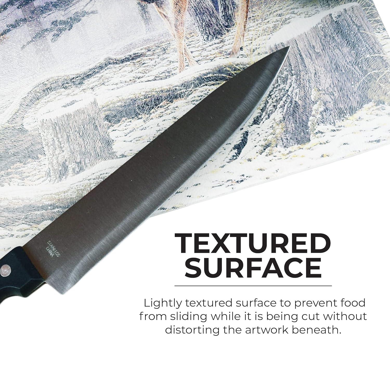 Rivers Edge Products Large 12in x 16in Decorative Tempered Glass Cutting Board, Hypoallergenic, Non Slip, Textured Surface Chopping Board for Kitchen, Deer in the Snow and Woods, Confrontation