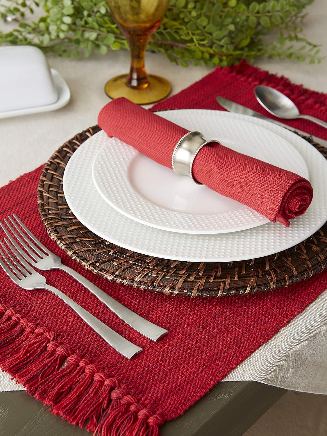 DII Variegated Fringe Placemat Set 8 Piece, Tango Red, MT 13x19", NP 20x20"